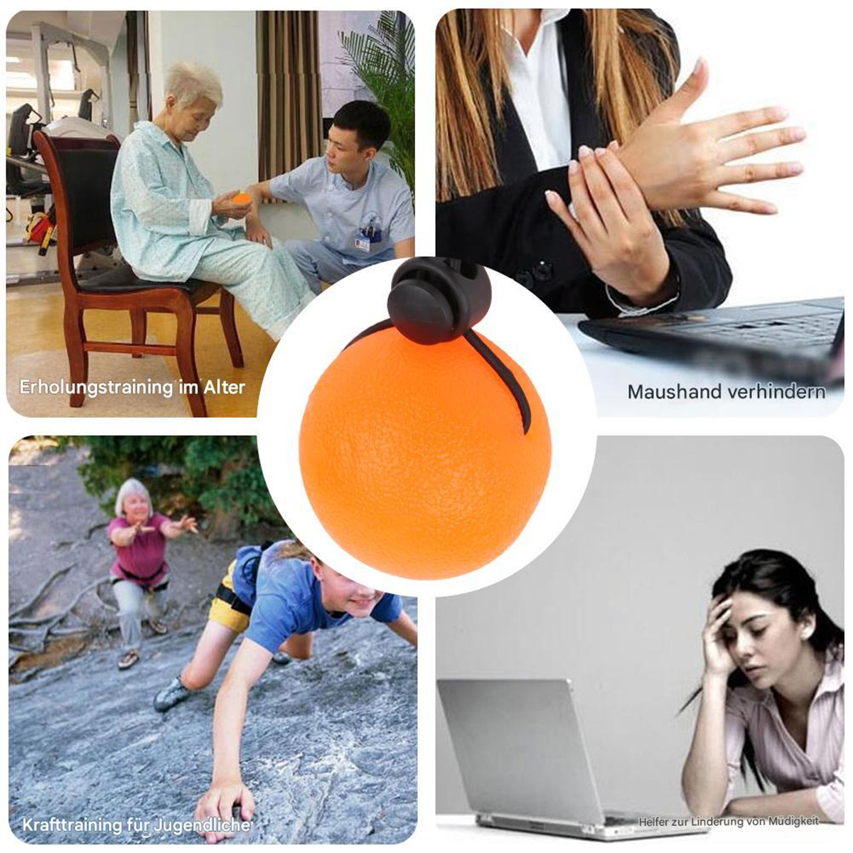 Collage von Übungen mit orangefarbenem Ball, Klettern, älteren Menschen und Laptop.
