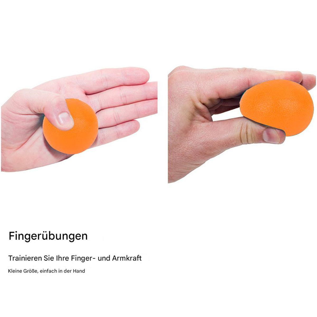 Hände halten einen orangenen Stressball. Text auf Deutsch darunter.