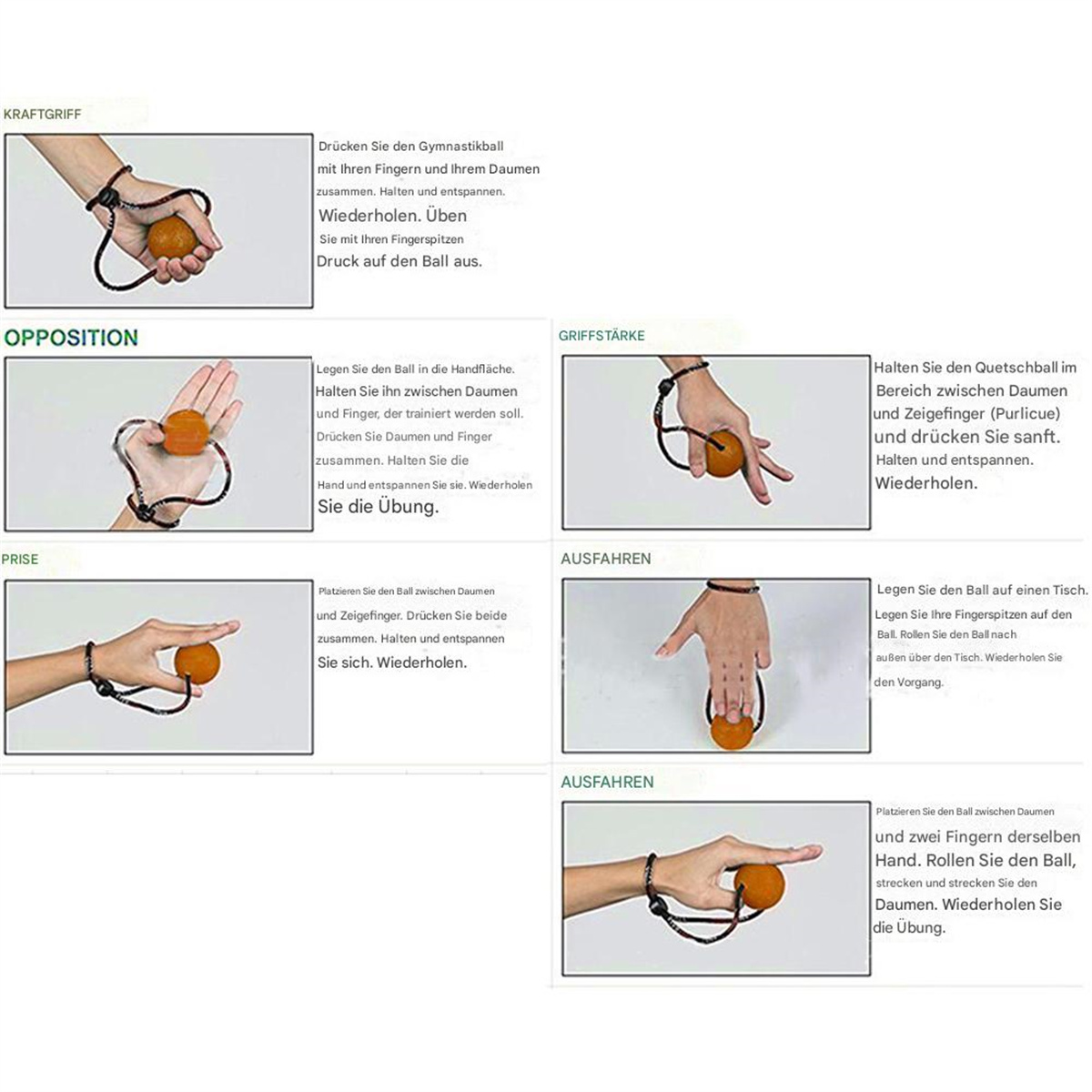 Anweisungen für Handübungen mit Ball und Band. Text und Illustrationen sind enthalten.