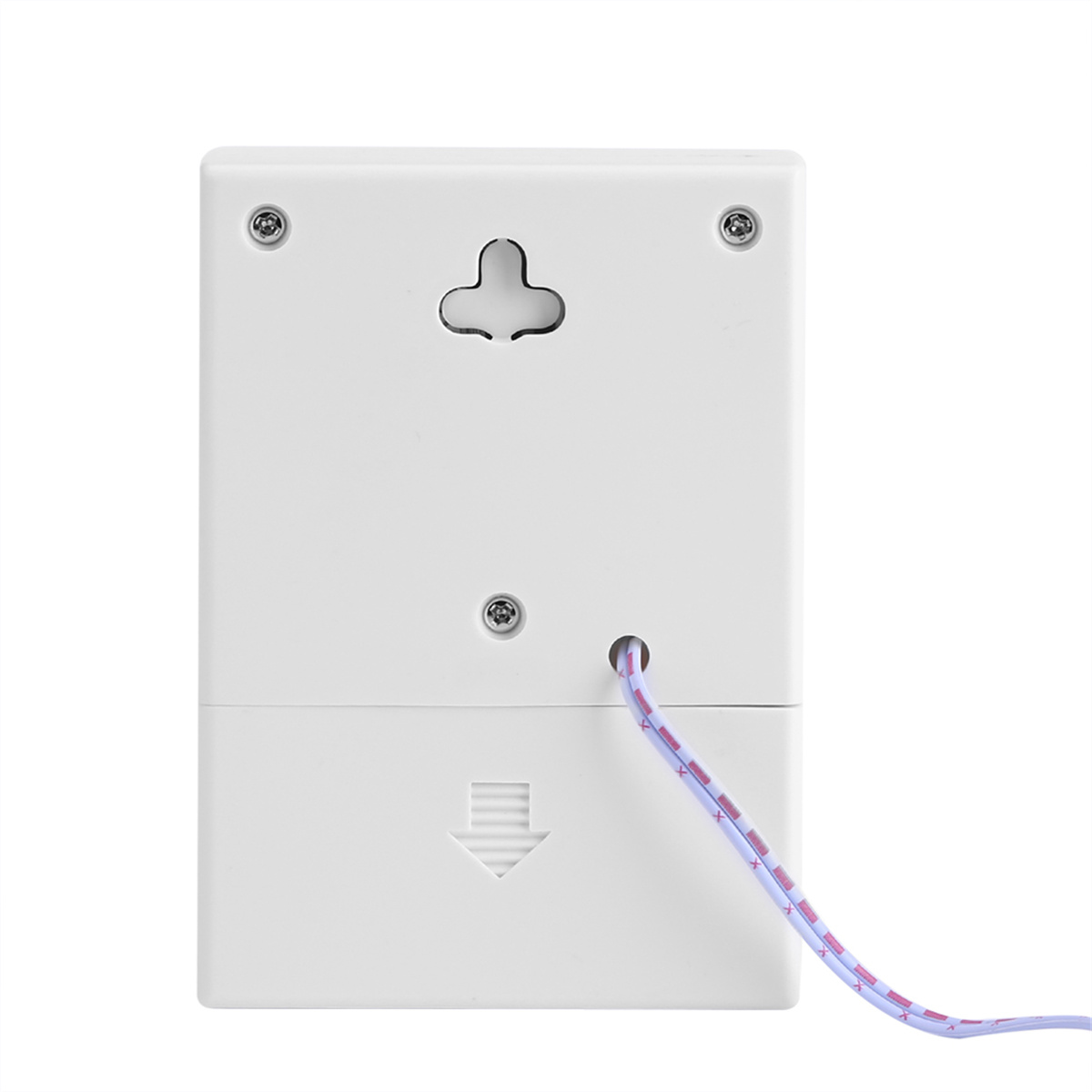 Weißes Gerät, wahrscheinlich ein Sensor, mit Kabel und Montagezubehör auf der Rückseite.
