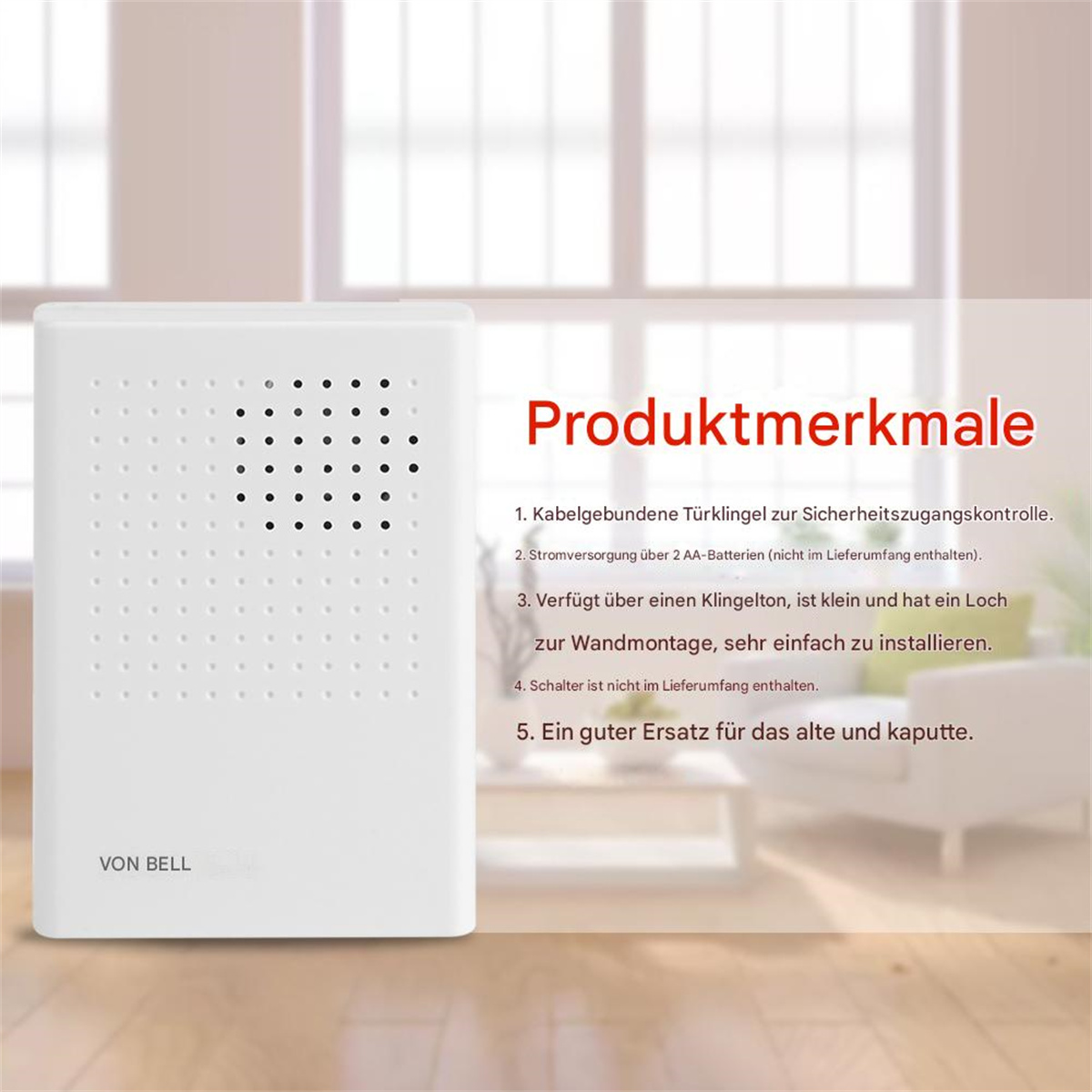 Weiße Türklingel mit Lautsprecherlöchern, Text und Produktinfo.