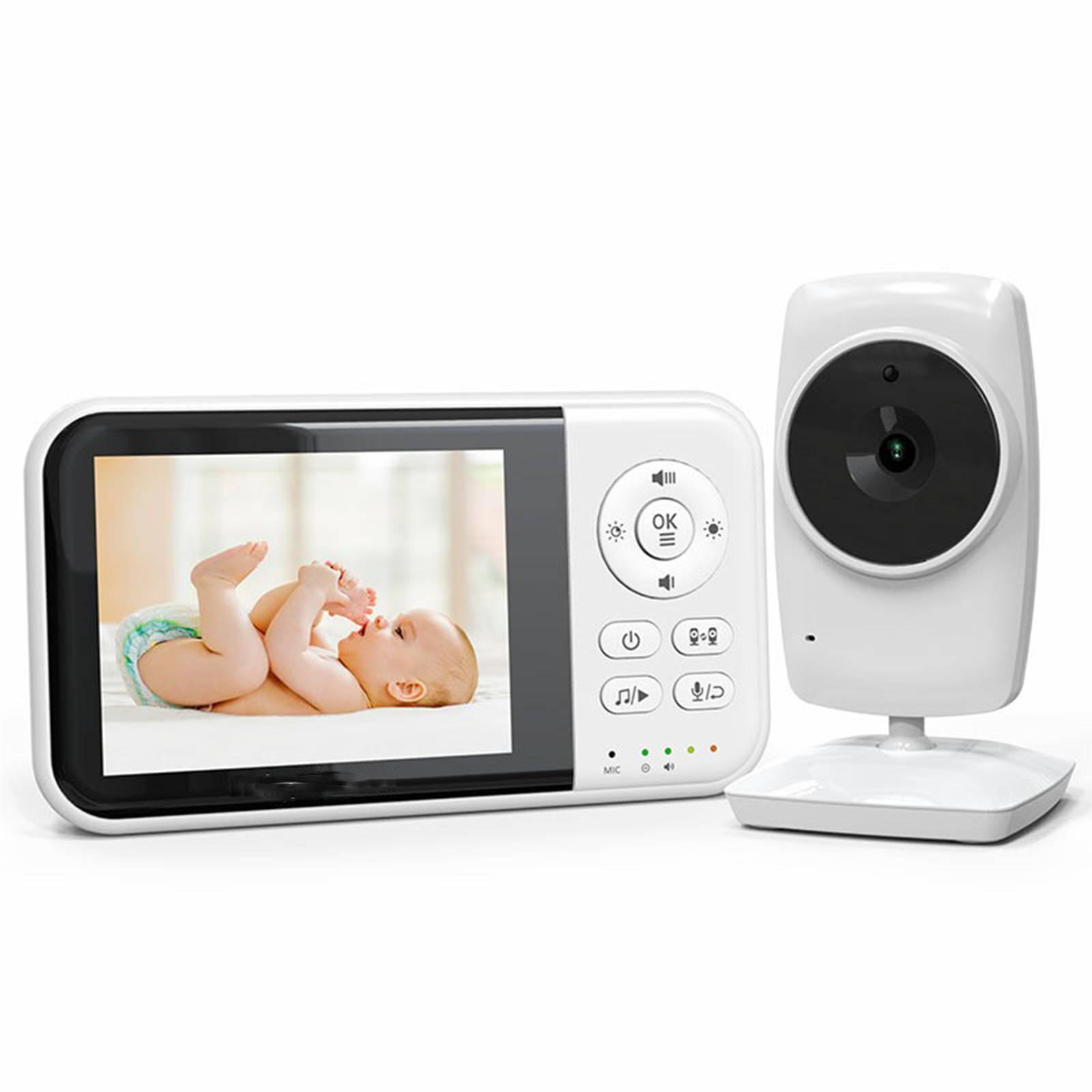 Babyphone mit Bildschirm, der ein Baby und eine Kamera zeigt.