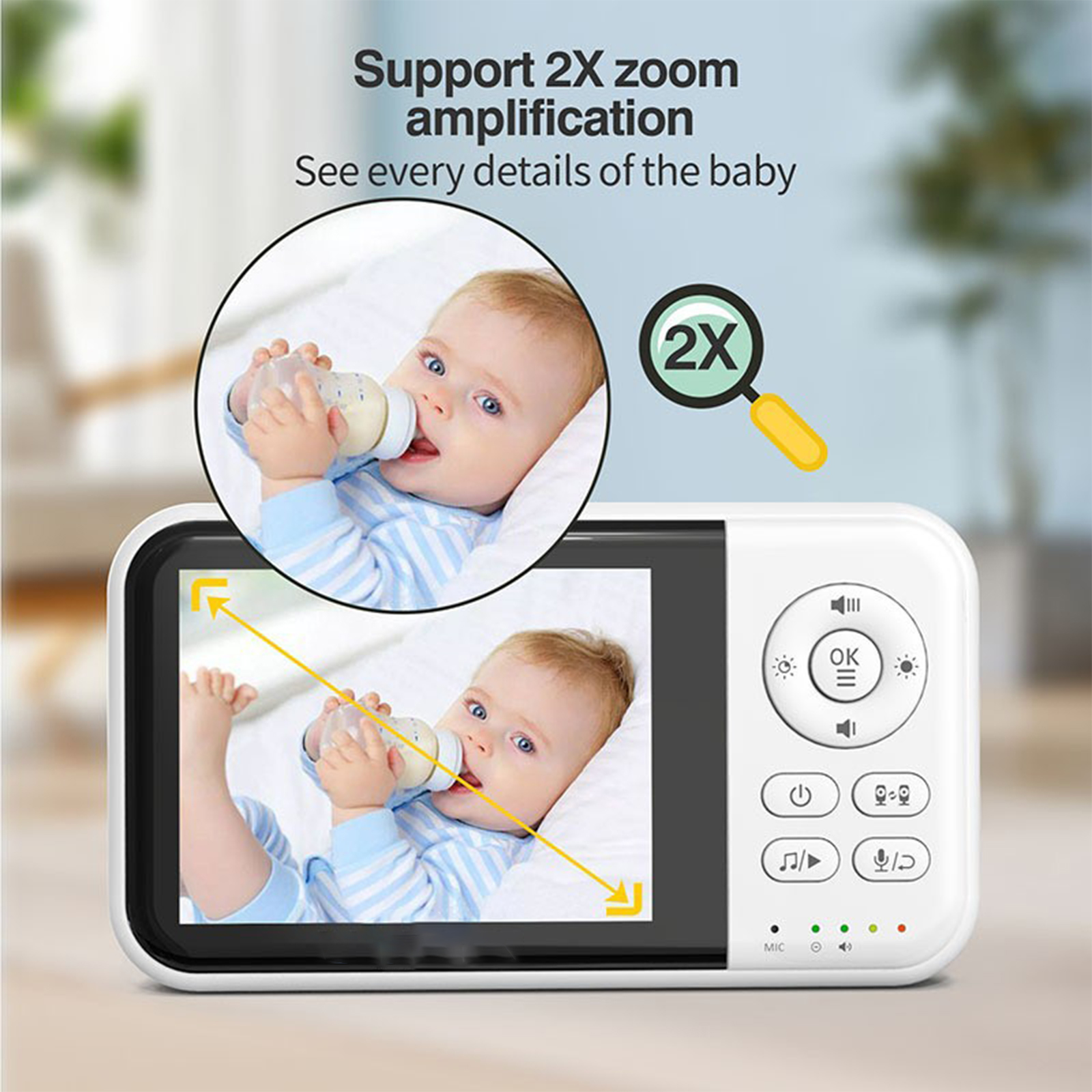 Ein Babyphone, das ein Baby mit einer Flasche zeigt, mit einem 2X-Zoom-Etikett.