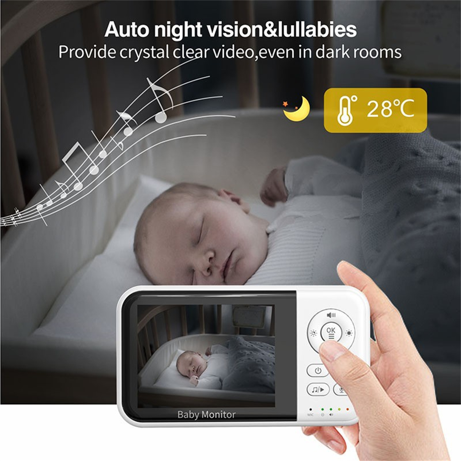 Ein Baby schläft in einem Kinderbett, das auf einem Hand-Babyphone überwacht wird, das die Krippenszene anzeigt.