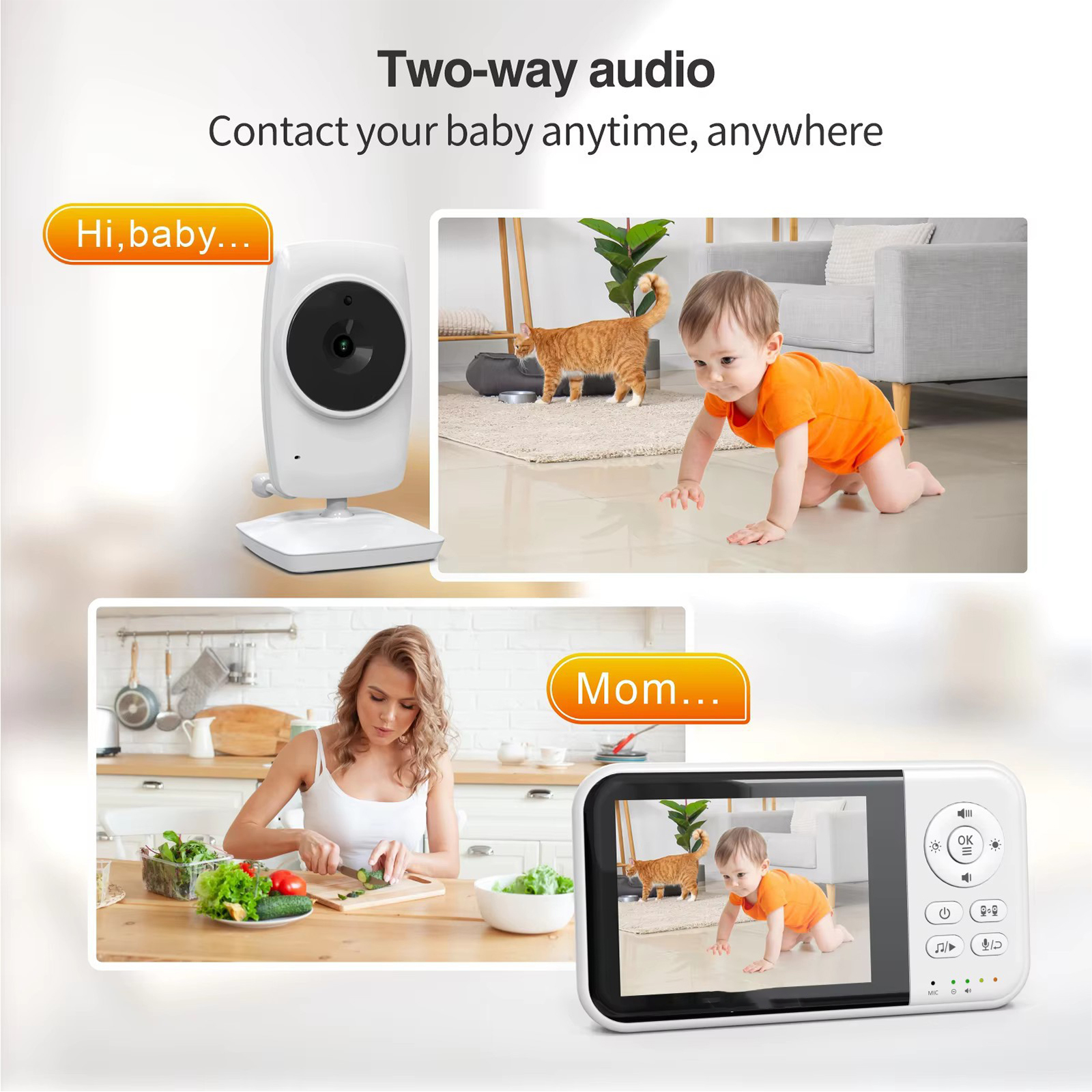 Babyphone-Setup mit krabbelndem Baby und kochender Frau. Enthält Zwei-Wege-Audio-Funktion.