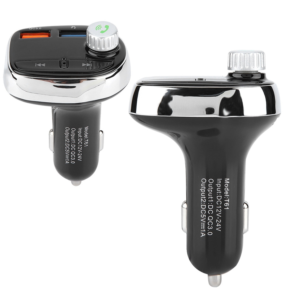 Autoladegerät mit zwei USB-Anschlüssen, schwarz und silber. Es hat Knöpfe und Anzeigen.