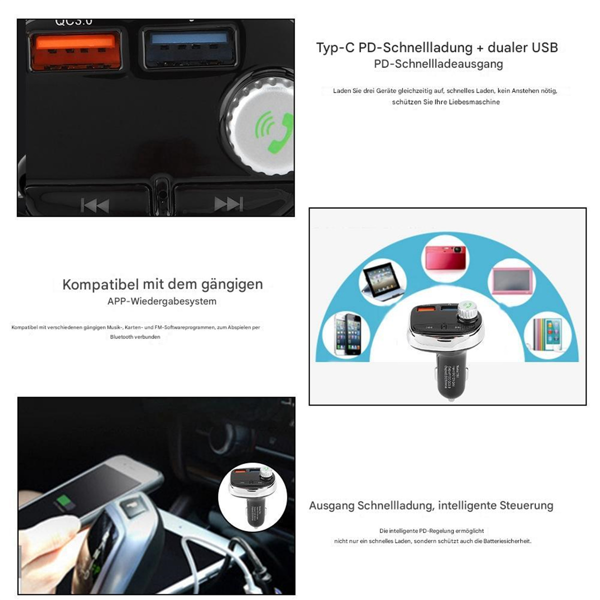 Nahaufnahme eines Autoladegeräts mit mehreren Anschlüssen. Text beschreibt das Gerät. Der Hintergrund ist schwarzweiß.