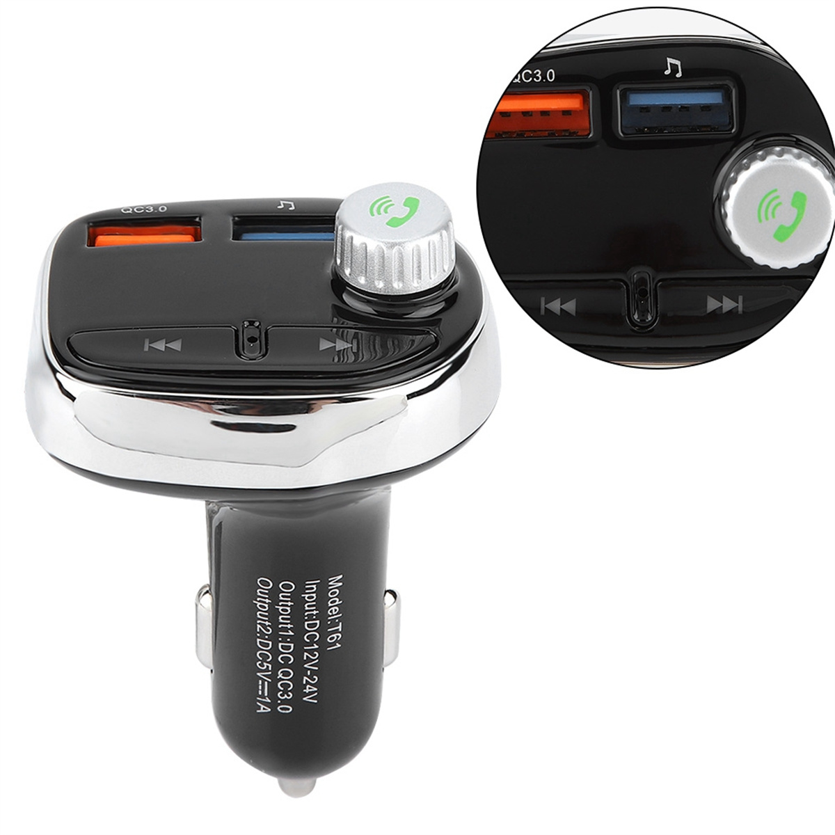 Schwarzes Autoladegerät mit zwei USB-Anschlüssen und einem grünen Knopf. Es hat einen silberfarbenen Ring.