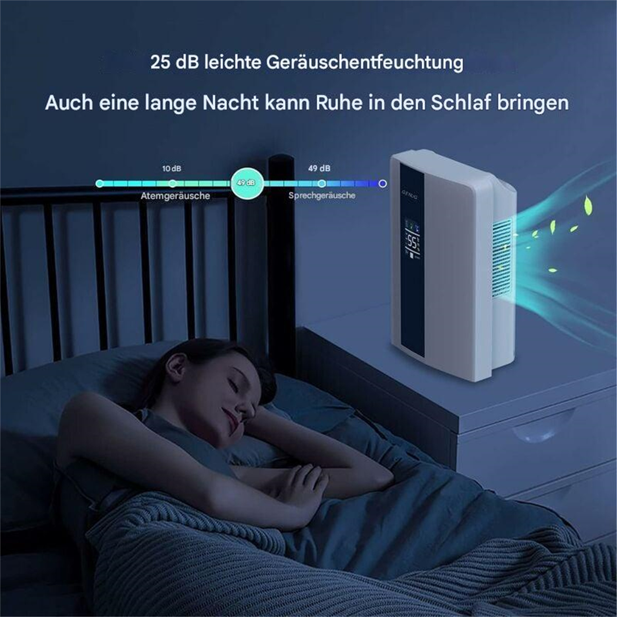 Schlafende Frau neben einem weißen Luftreiniger mit blauen Lichtern.