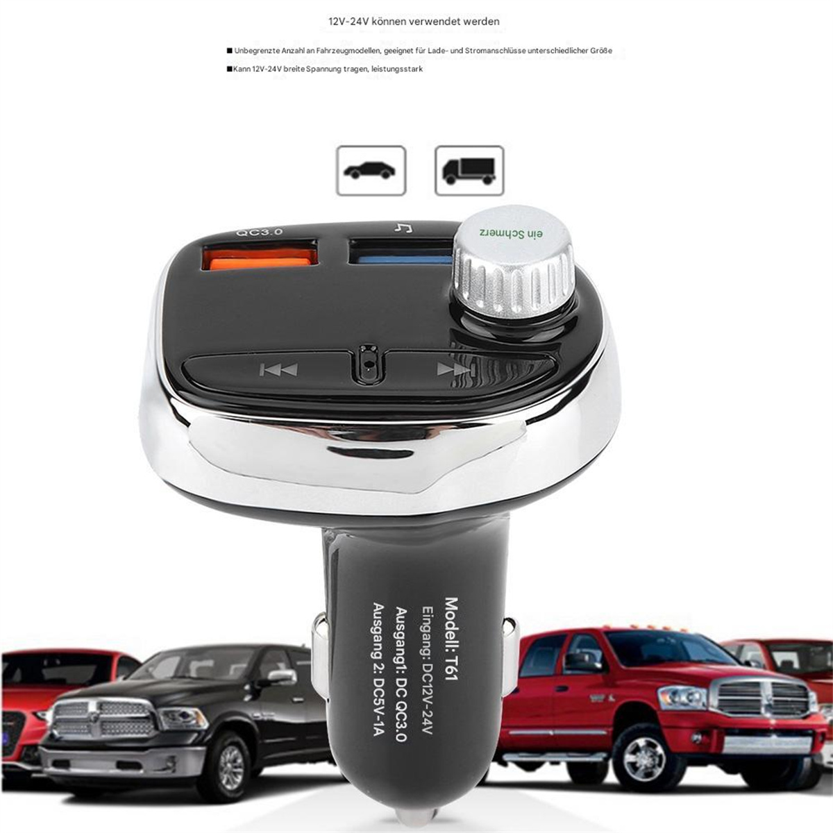 Autoladegerät mit USB-Anschlüssen und einem silbernen Knopf. Es ist schwarz und chromfarben, mit Autos im Hintergrund.