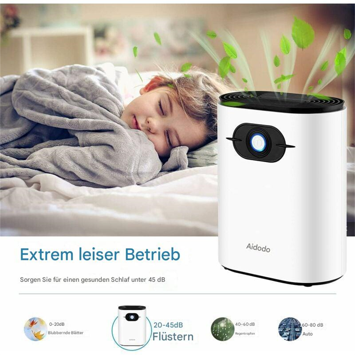 Schlafendes Mädchen neben weißem Luftreiniger. Blätter-Illustration oben.