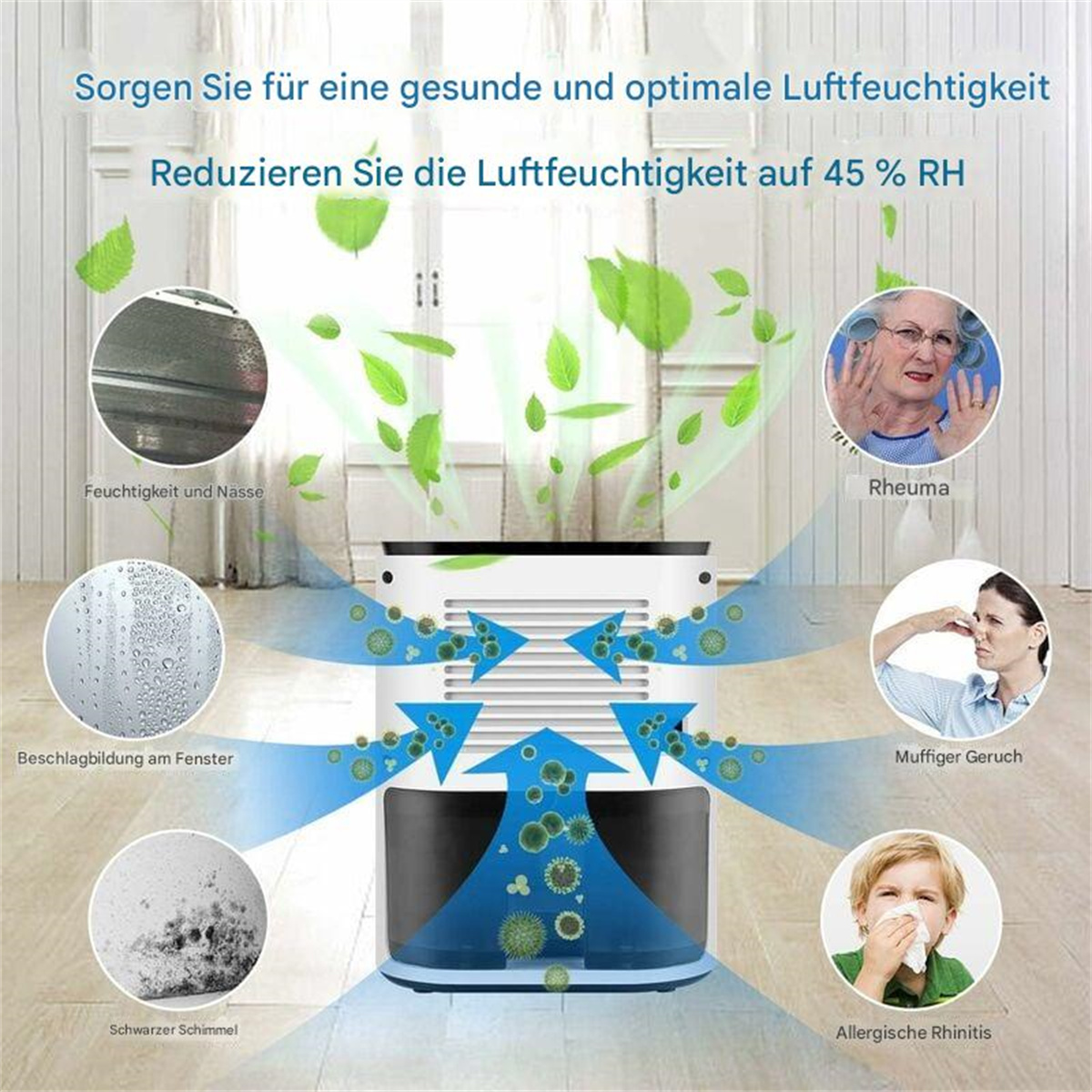Luftbefeuchter, der Zustände wie Schimmel und Allergien mit Illustrationen und Text in einem Diagramm zeigt.