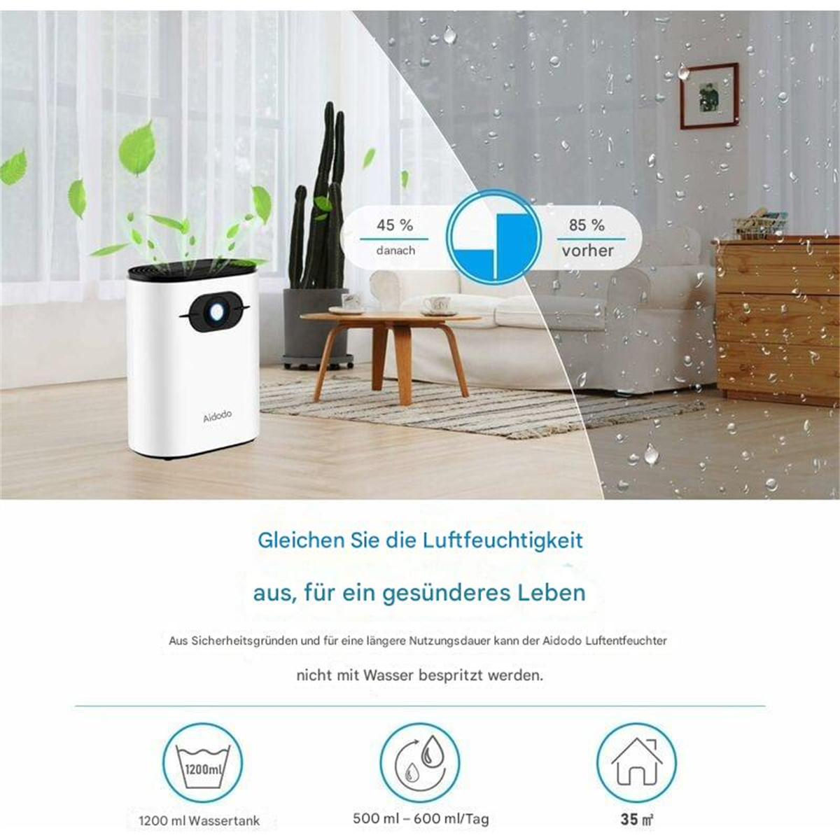 Ein Luftreiniger mit Text, der Veränderungen der Luftfeuchtigkeit anzeigt.