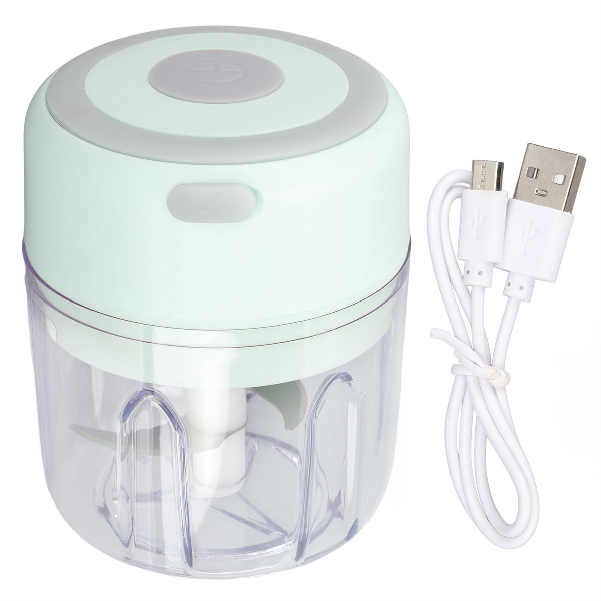 Ein kleiner, mintgrüner elektrischer Zerkleinerer mit einem USB-Kabel rechts.
