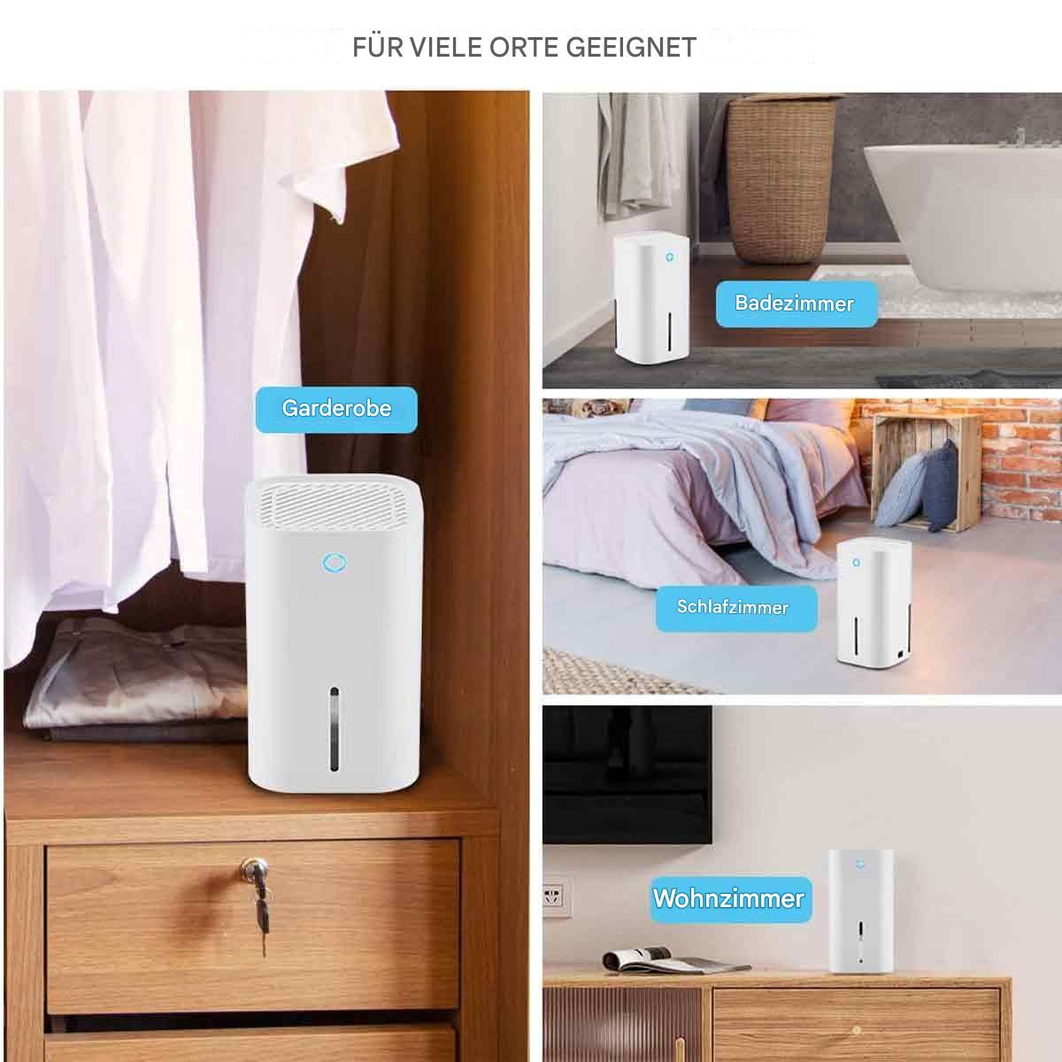 Bilder eines Luftentfeuchters in verschiedenen Räumen. Text: Kleiderschrank, Bad, Schlafzimmer, Wohnzimmer.