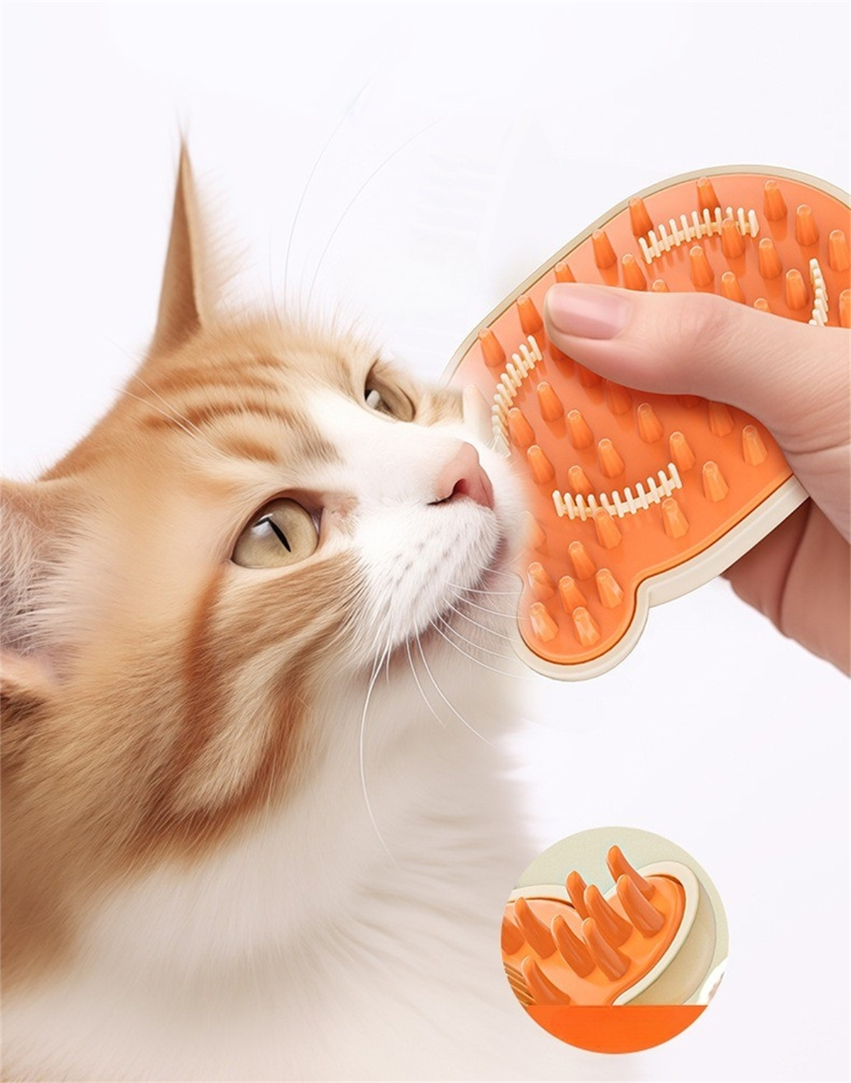 Katze wird gebürstet. Orangene Bürste in der Hand. Katze ist orange und weiß.