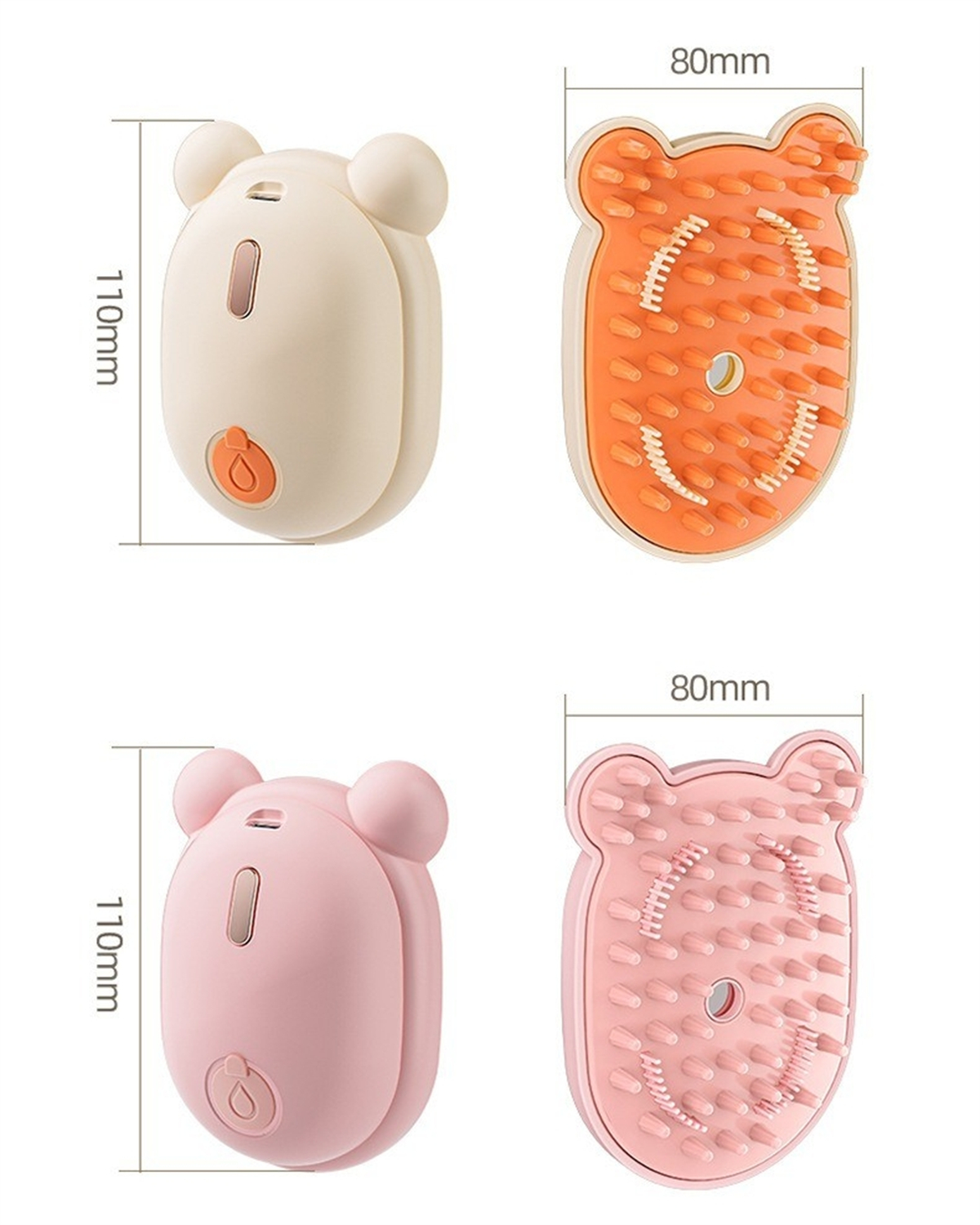 Zwei bärenförmige Gesichtsbürsten, eine beige und eine rosa, mit Abmessungen.