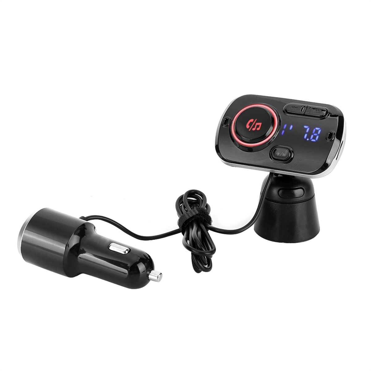 Schwarzes Autoladegerät mit Digitalanzeige, Netzkabel und Stecker.