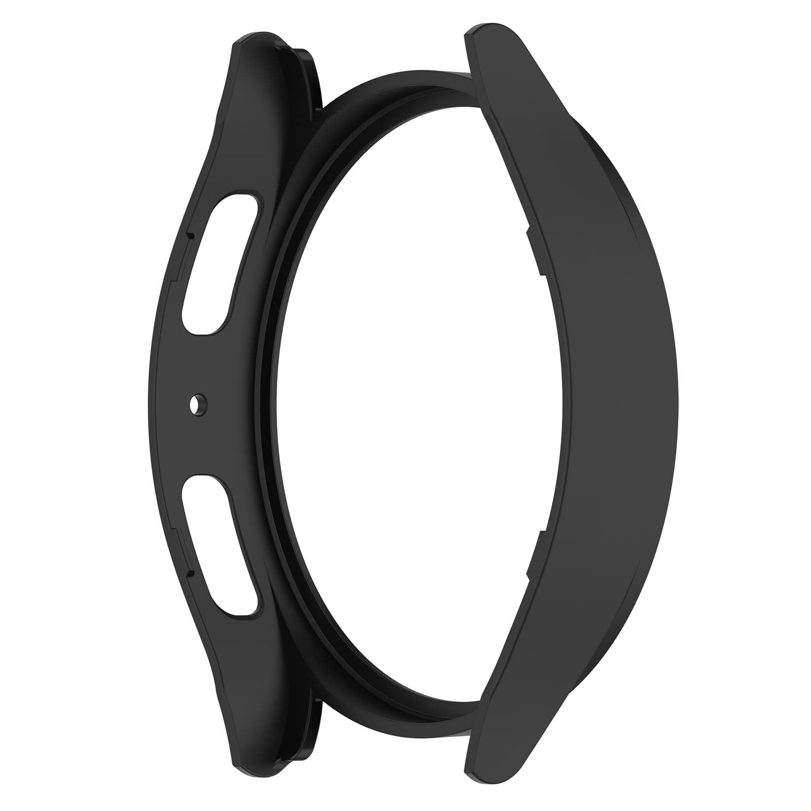 Ein schwarzes Uhrengehäuse wird gezeigt, das in zwei Teile geteilt ist, um den Bildschirm und das Gehäuse der Uhr zu schützen.