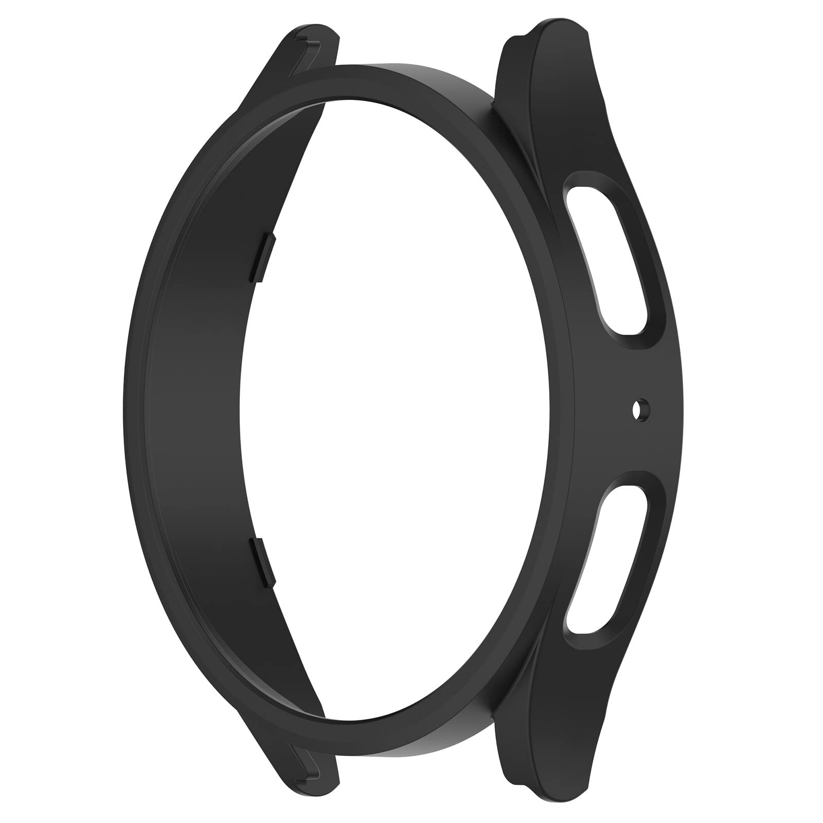 Ein schwarzes Uhrengehäuse wird gezeigt, das in zwei Teile geteilt ist, um den Bildschirm und das Gehäuse der Uhr zu schützen.