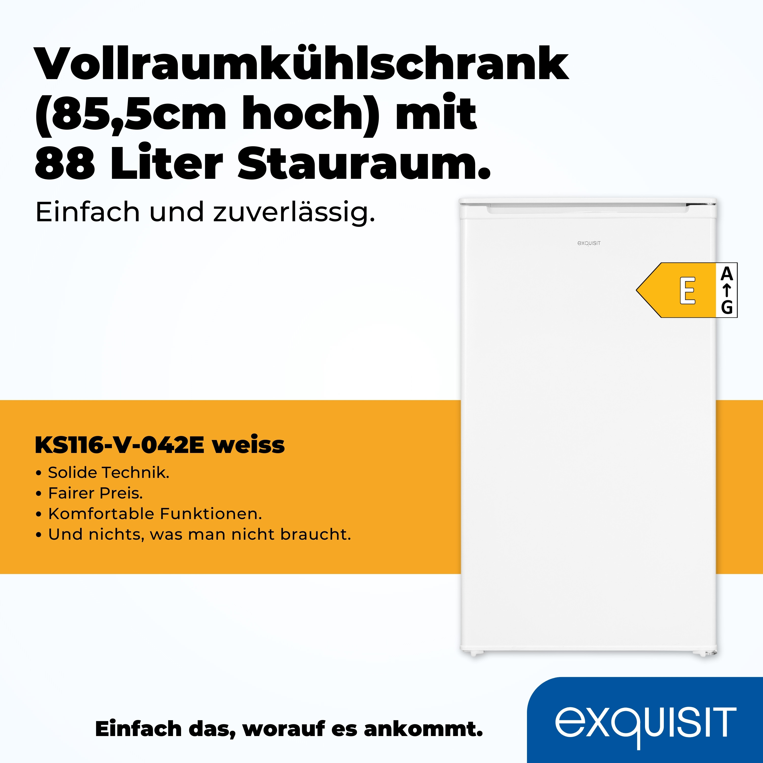 Ein weißer Kühlschrank mit Text, einem gelben Energielabel, auf weißem Hintergrund.