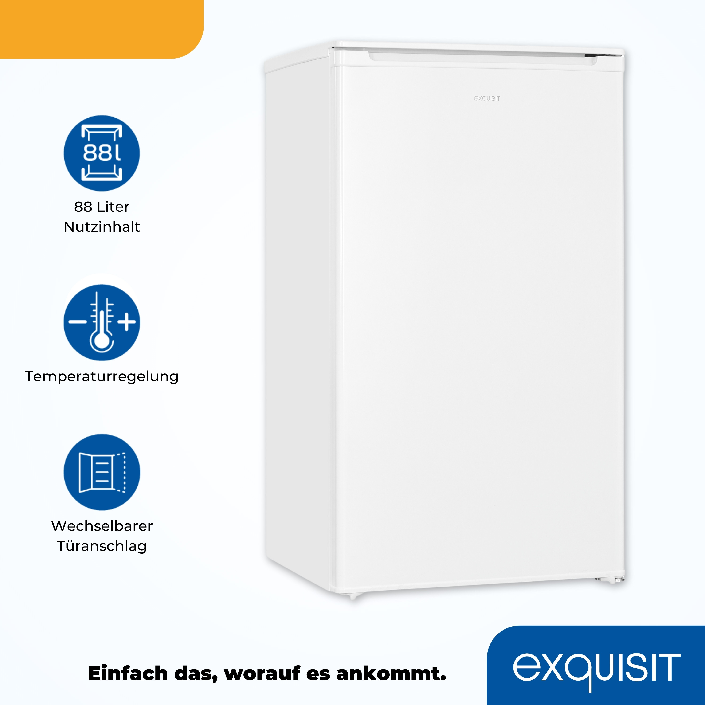 Weißer Kühlschrank mit Text zu Kapazität und Eigenschaften. Blaue und gelbe Akzente.