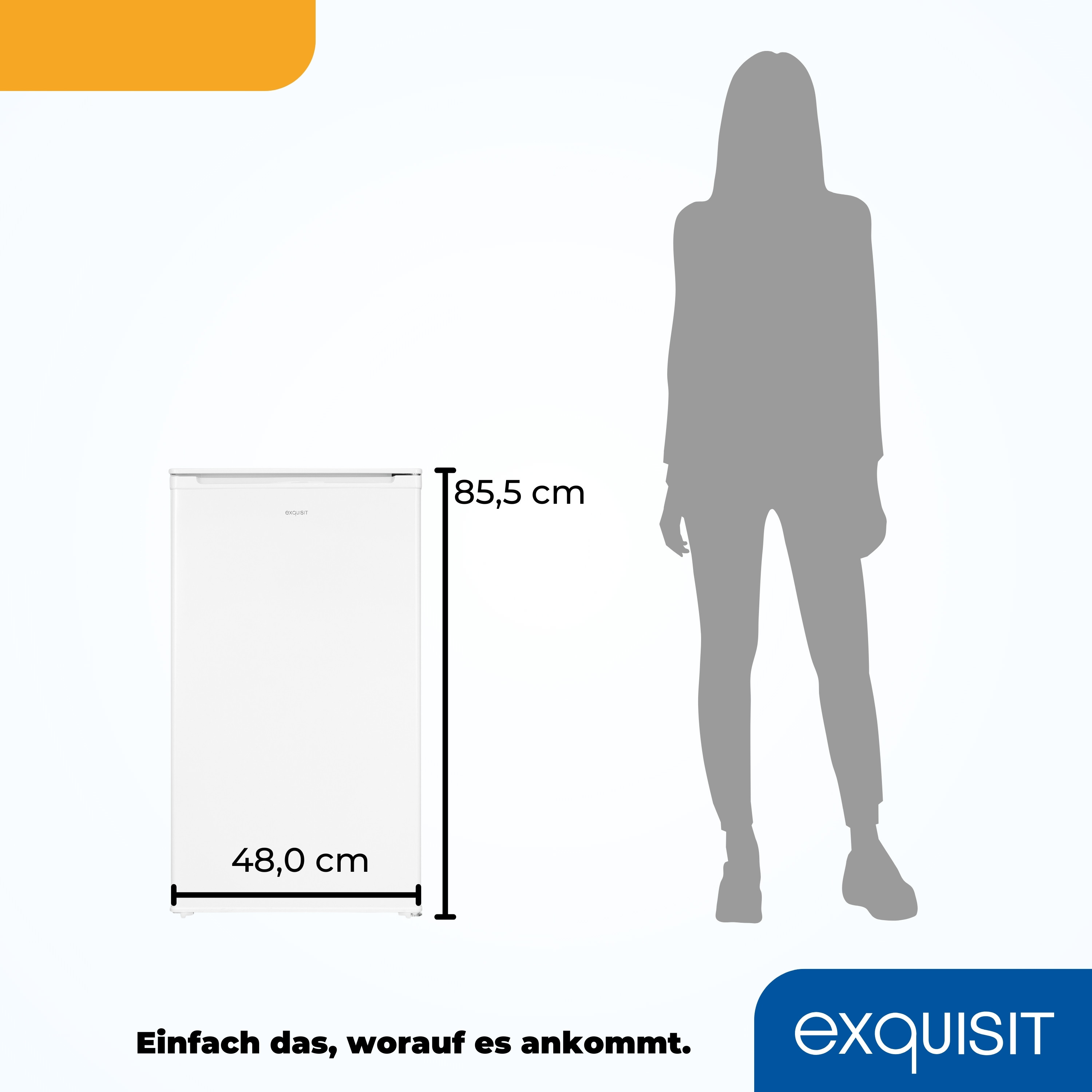 Weißer Kühlschrank mit Abmessungen und einer Silhouette, die die Höhe angibt.
