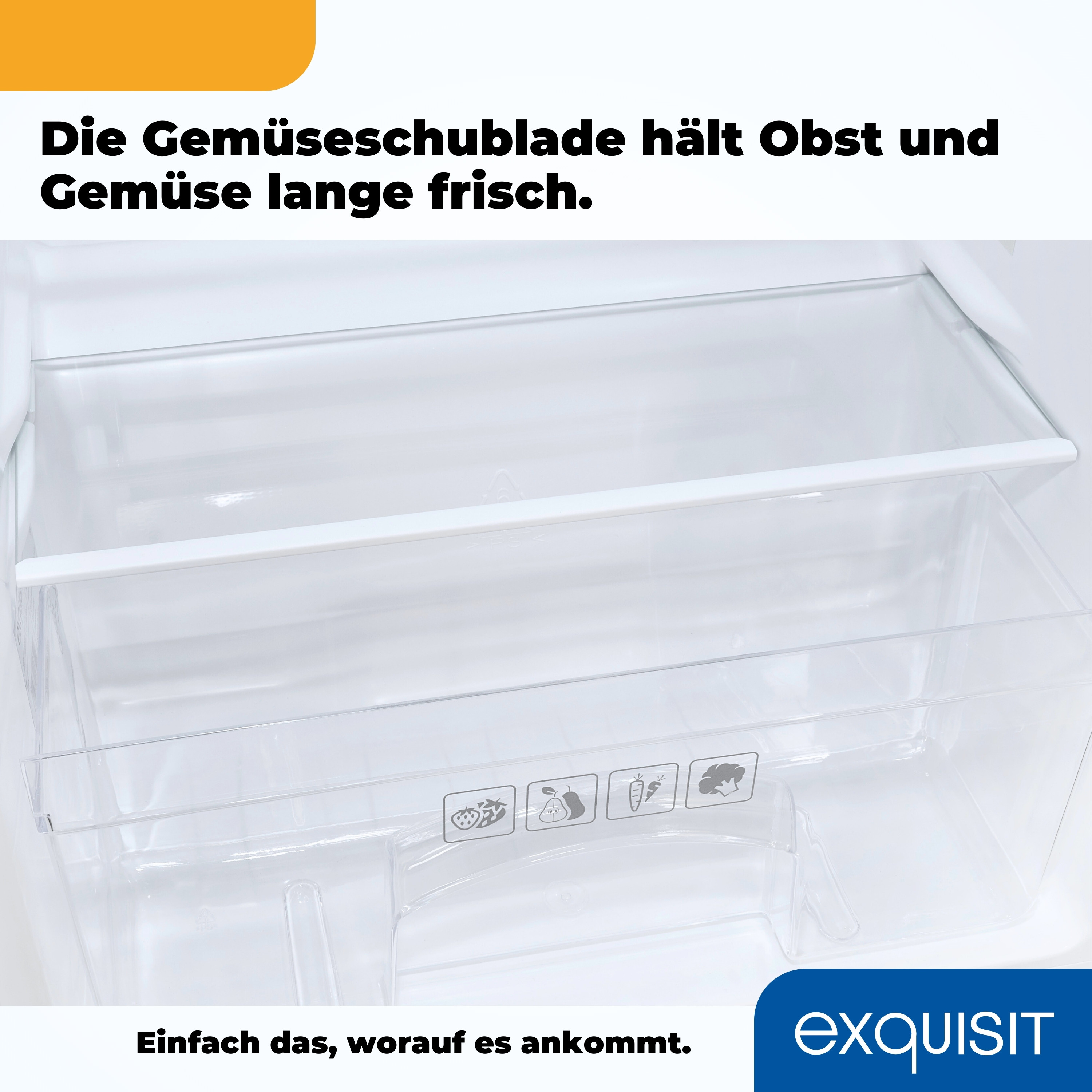 Kühlschrankinnenraum mit einem durchsichtigen Gemüseschubfach. Mit Symbolen für Obst und Gemüse.