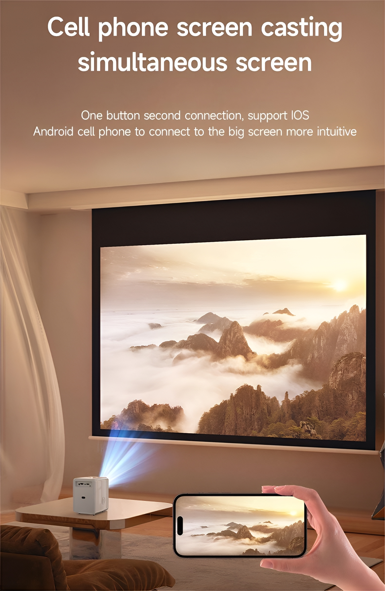 Projektor, der ein Bild auf eine Leinwand projiziert. Hand, die Telefon hält.