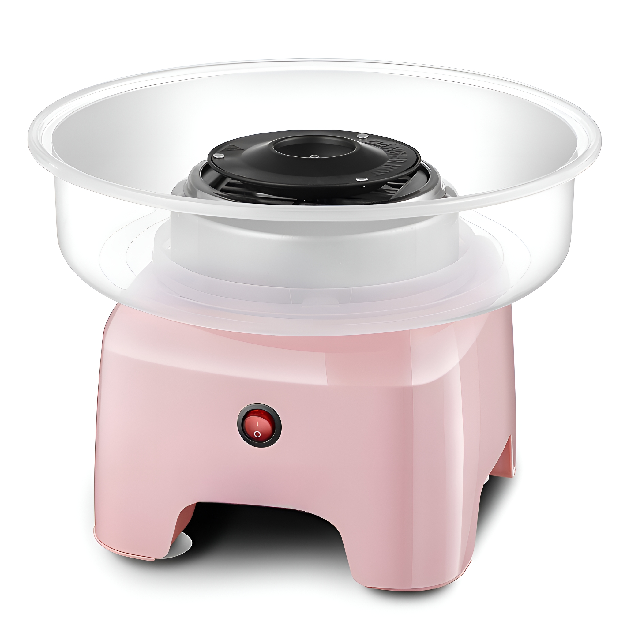 Rosa Zuckerwattemaschine. Sie hat eine transparente Schüssel oben und einen roten Ein-Aus-Knopf.
