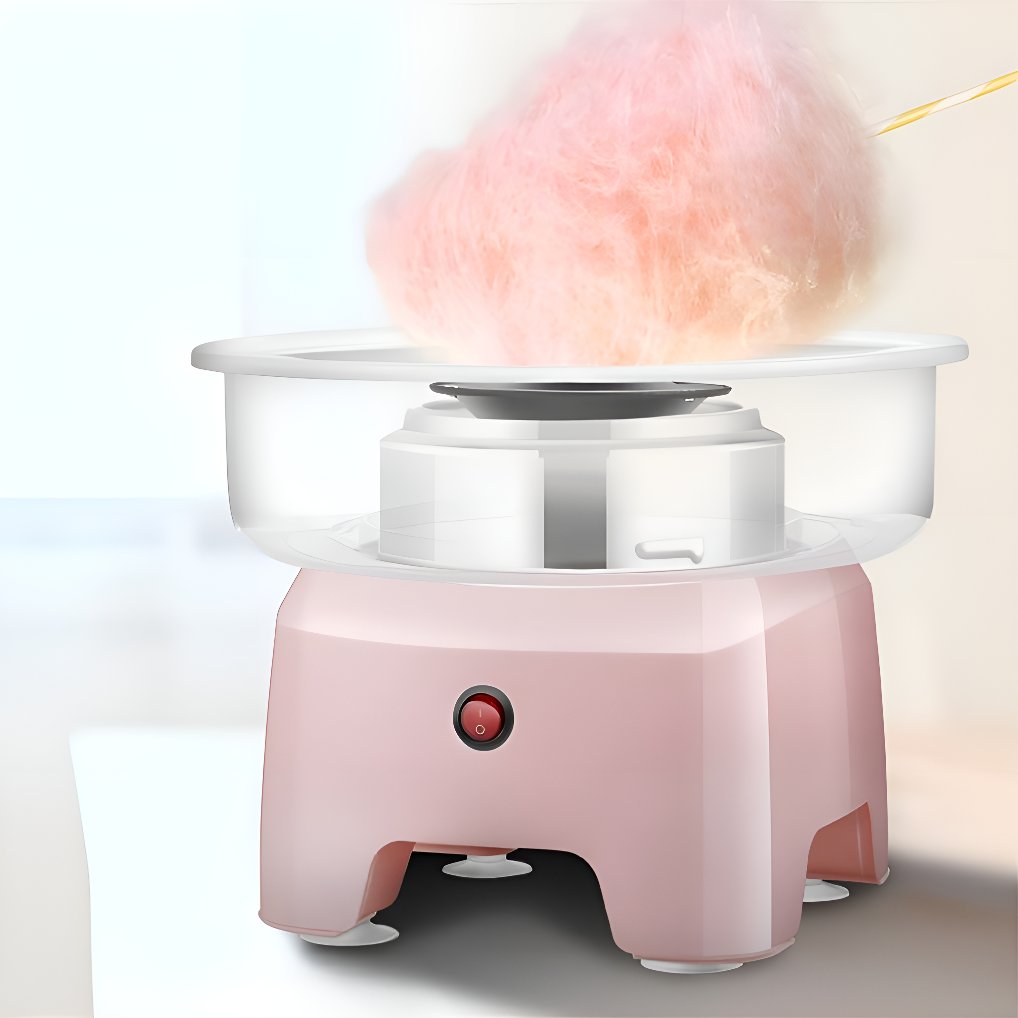 Rosa Zuckerwattemaschine. Sie hat eine transparente Schüssel oben und einen roten Einschaltknopf. Weißer Hintergrund.