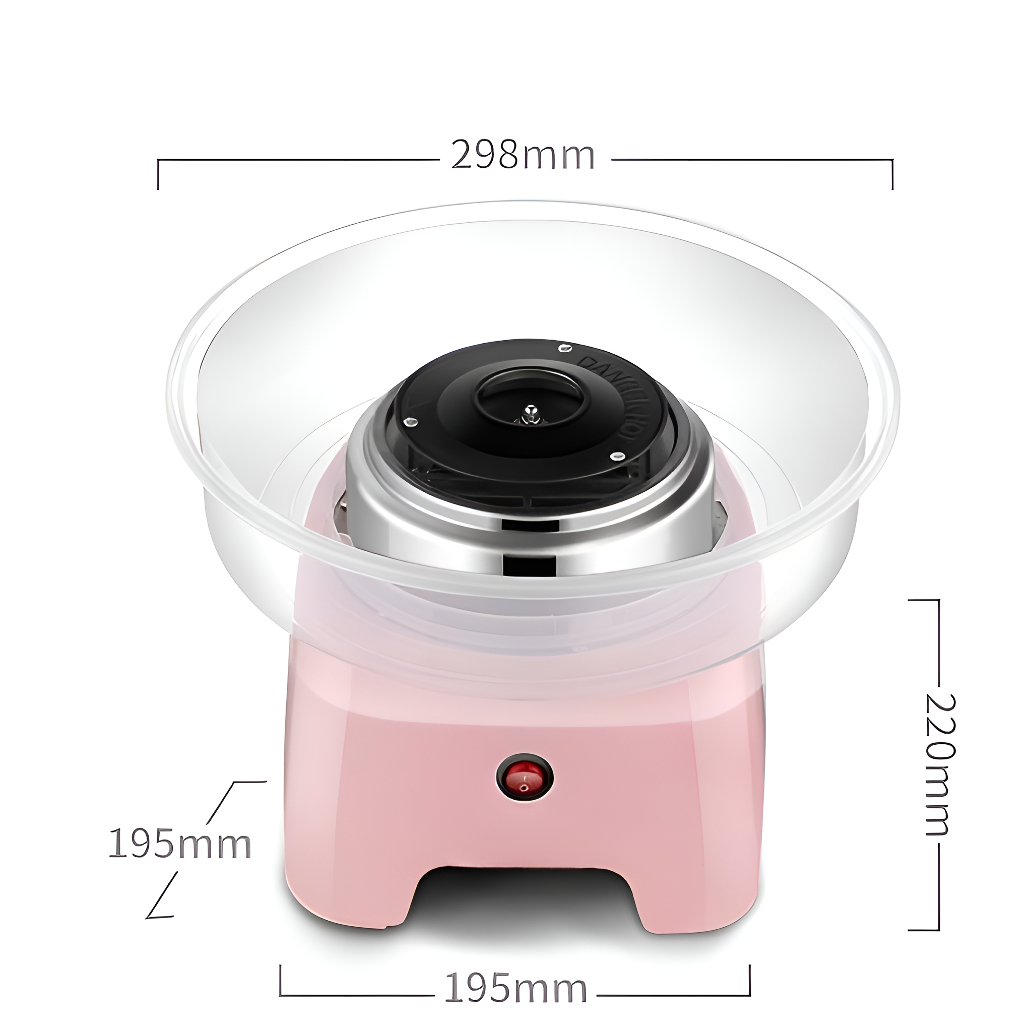 Eine rosa Zuckerwattemaschine mit Abmessungen in mm beschriftet.