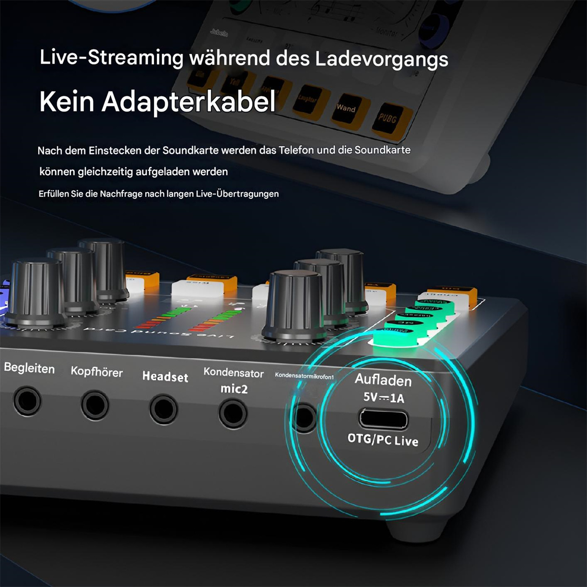 Soundkartenmischer mit Knöpfen, OTG/PC Live-Anschluss und verschiedenen Eingängen.
