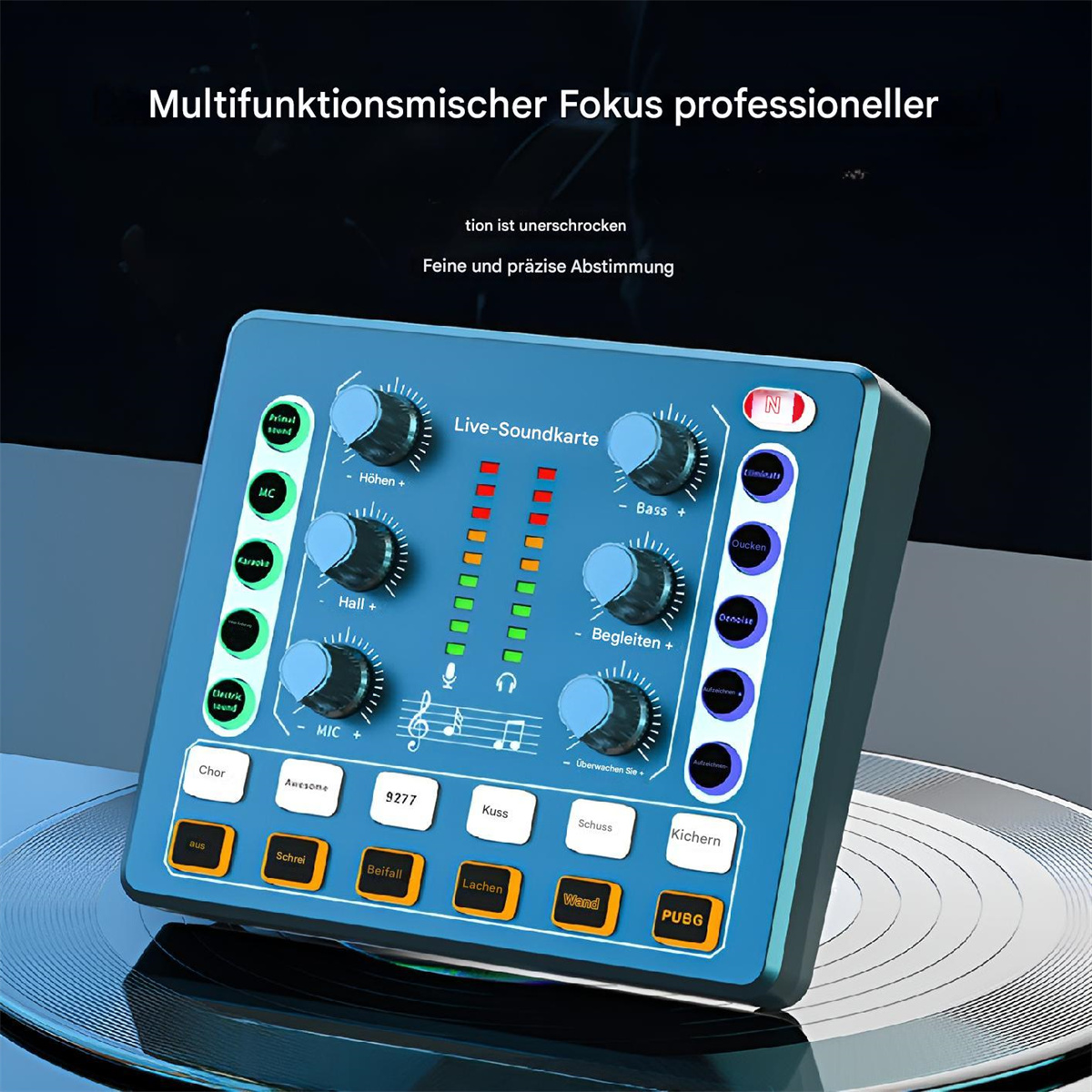 Blauer Soundmixer mit Knöpfen und Reglern. Mit Leuchten und Text.