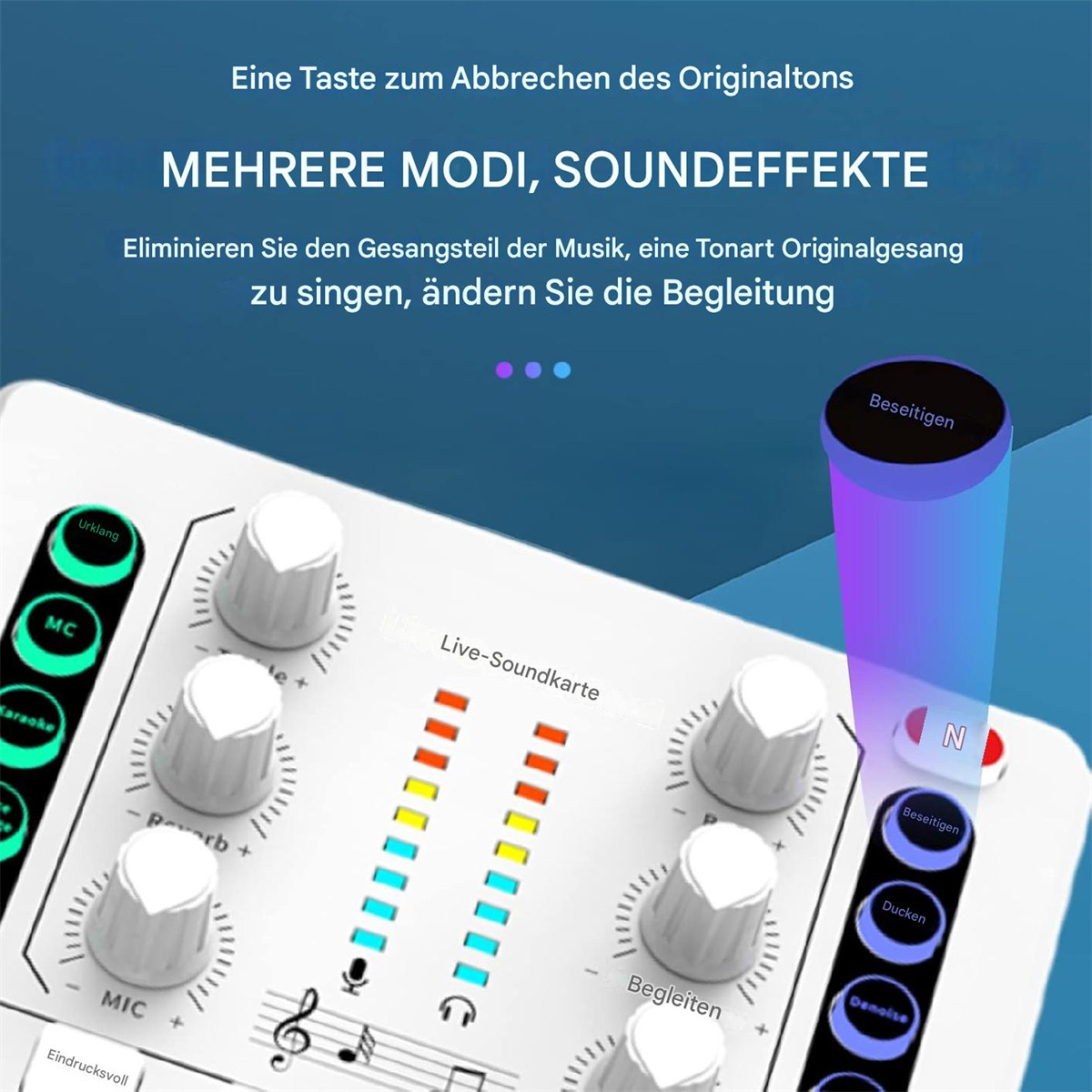 Ein Mischpult mit mehreren Knöpfen und Lichtern. Der Text auf der Konsole ist auf Deutsch.