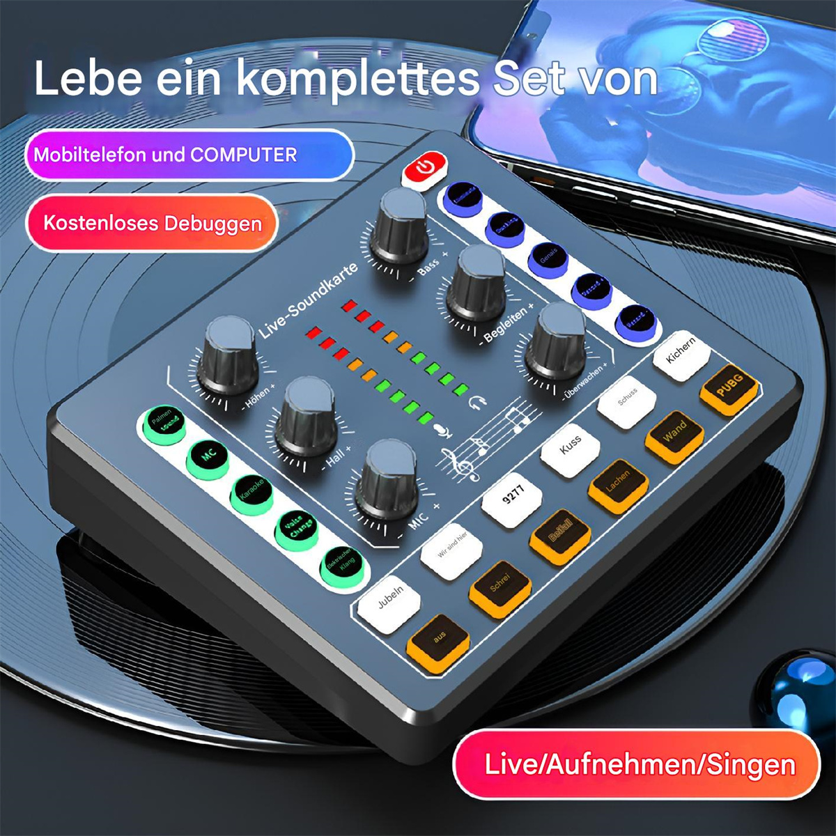 Soundkarte mit Knöpfen, Tasten und Display, mit Text oben und Smartphone.