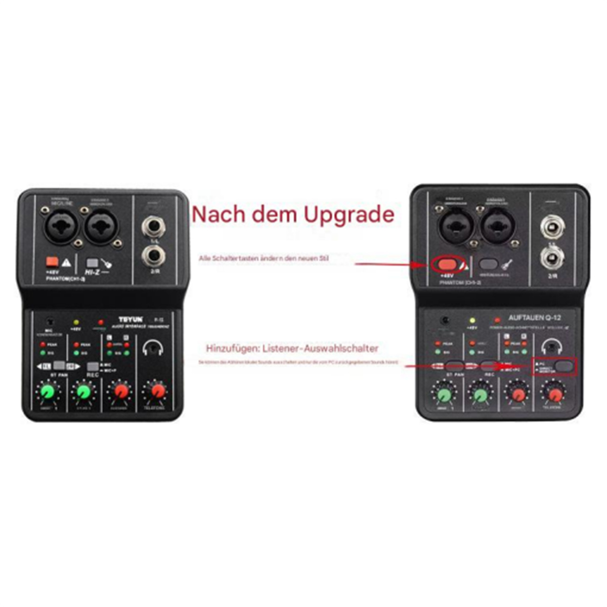 Zwei schwarze Audiomixer, die Unterschiede nach einem Upgrade zeigen. Verschiedene Knöpfe und Regler sichtbar.