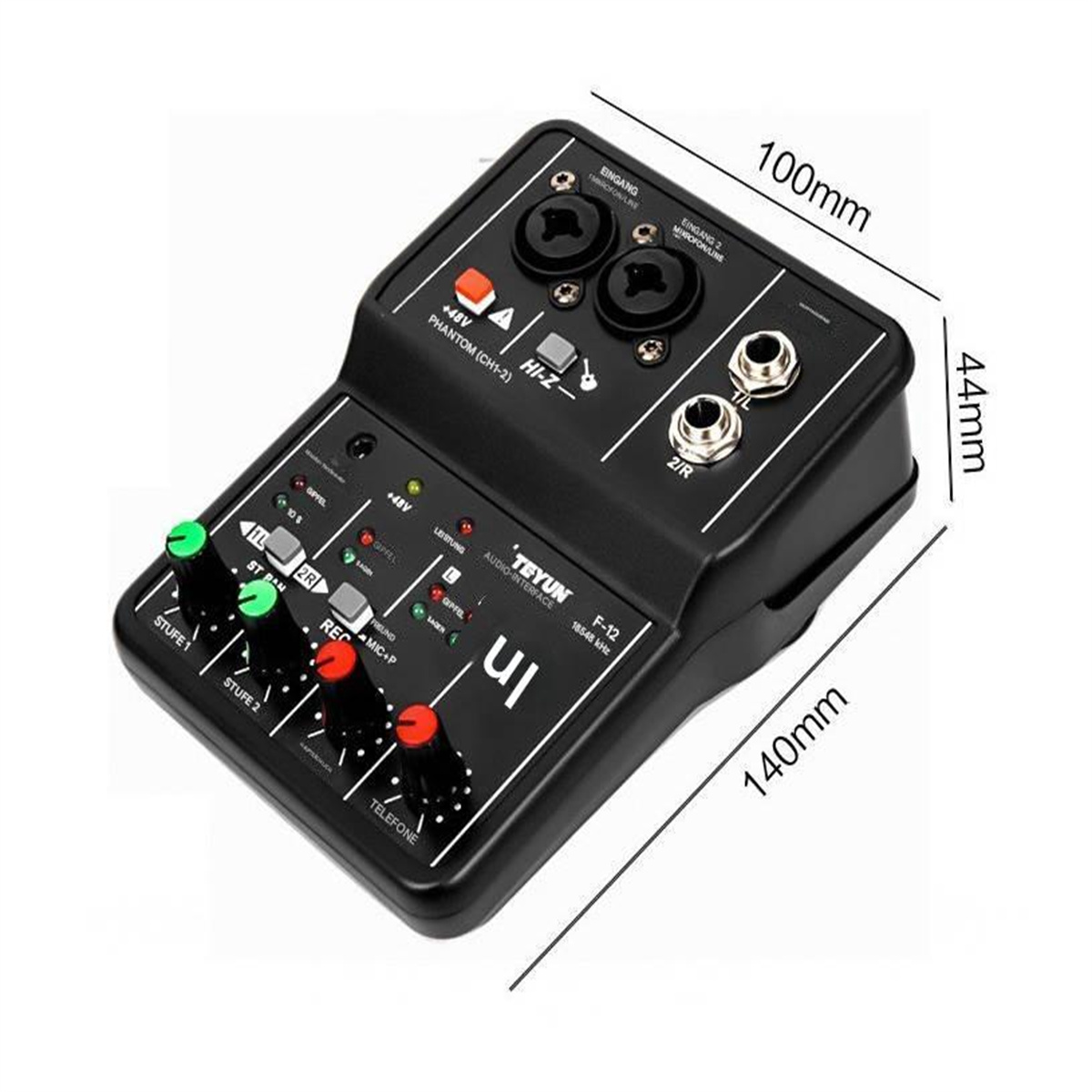 Schwarzer Audiomixer mit Knöpfen und Anschlüssen. Maße: 140x100x44mm.