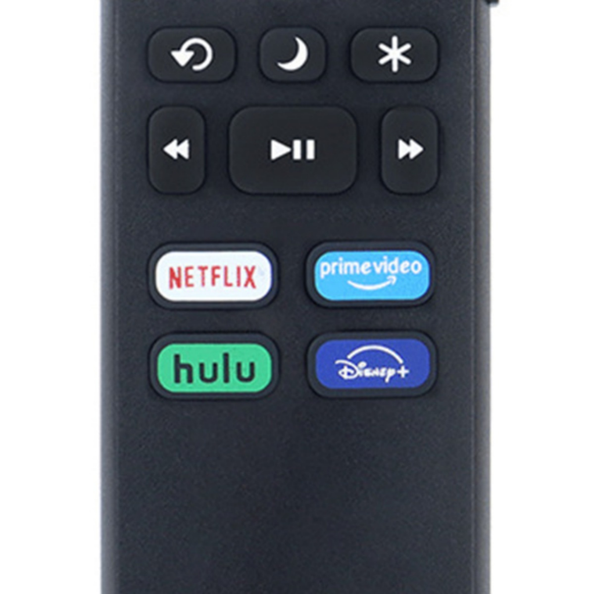 Eine schwarze Fernbedienung mit Tasten für Medienstreaming-Dienste. Netflix, Prime, Hulu und Disney+ sind sichtbar.