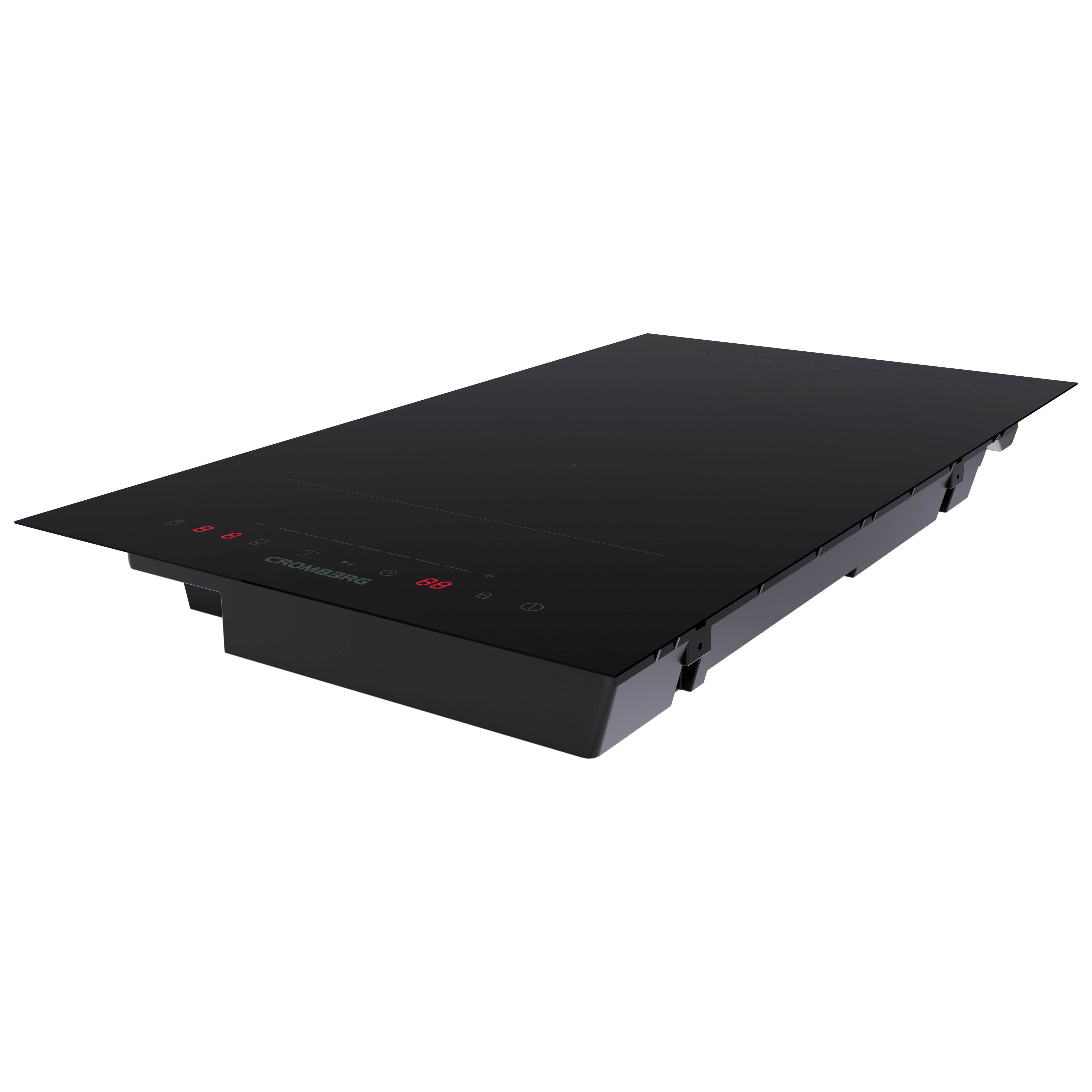 Un piano cottura nero a incasso con comandi touch, leggermente angolato.