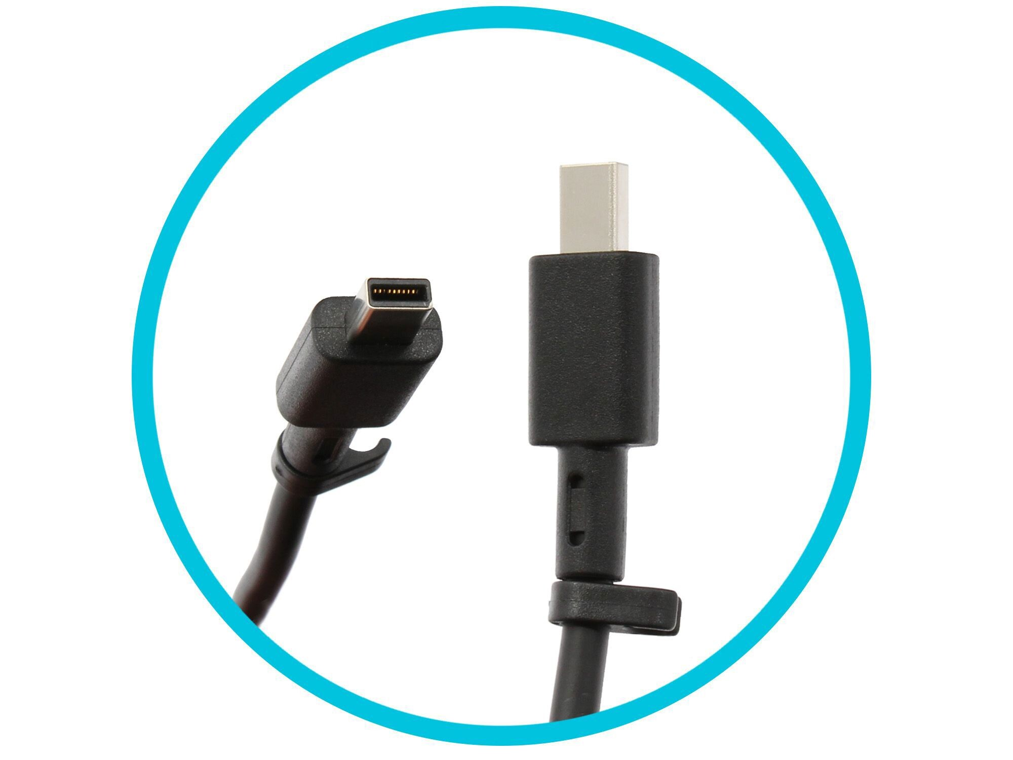 Nahaufnahme von zwei schwarzen USB-C-Anschlüssen vor weißem Hintergrund in blauem Kreis.
