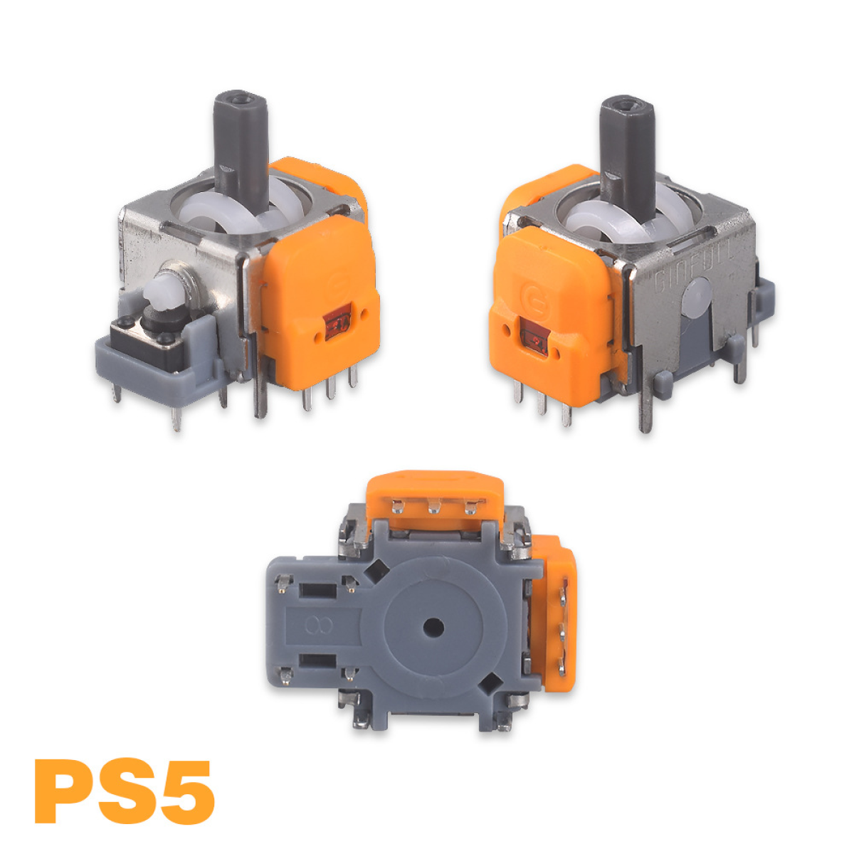Drei PS5-Joystick-Module. Orange Akzente, graue Basis und schwarze Sticks.