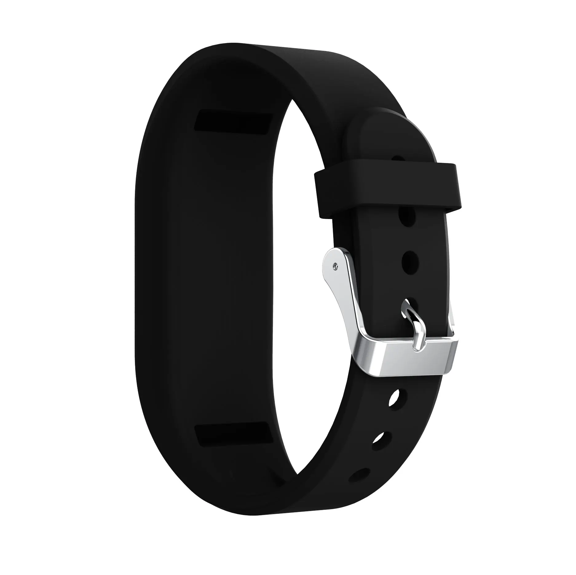 Schwarzes Armband mit silberner Schnalle. Das Band ist gebogen.