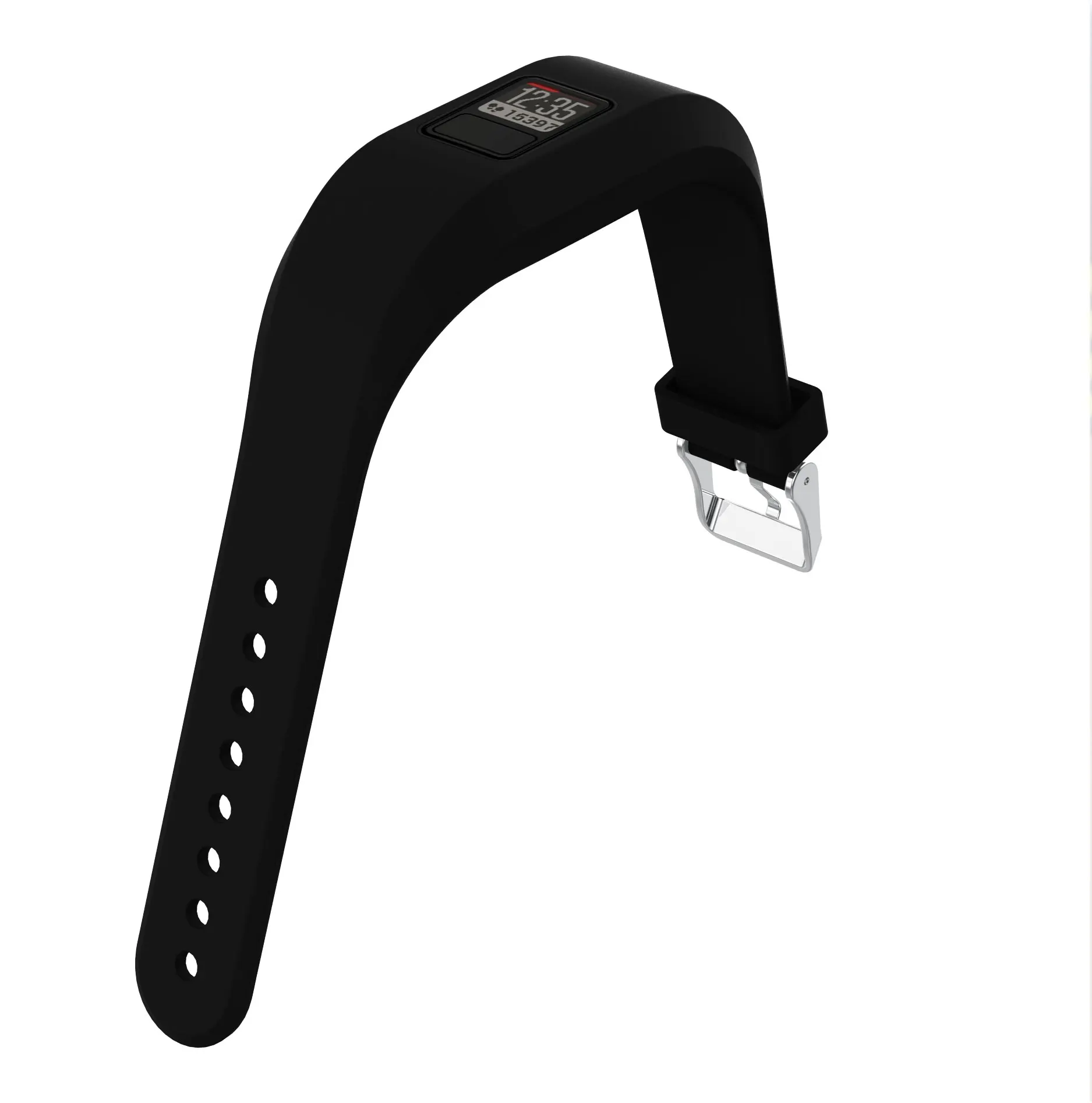 Schwarzes Fitness-Tracker-Armband mit Zeitanzeige und Verschluss, weißer Hintergrund.