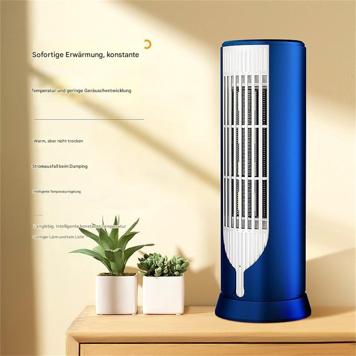Ein blau-weißer Elektroheizer mit Pflanzen auf einer Holzoberfläche. Text erscheint auf Deutsch.