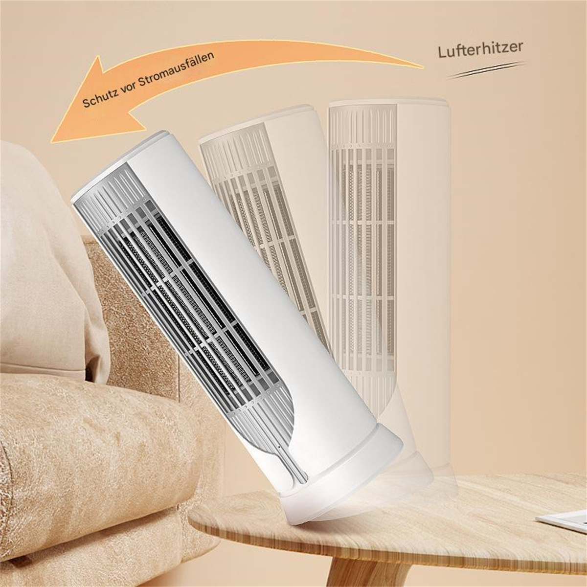 Weißer und grauer Luftkühler mit Ventilator. Das Bild zeigt die Kühlwirkung.