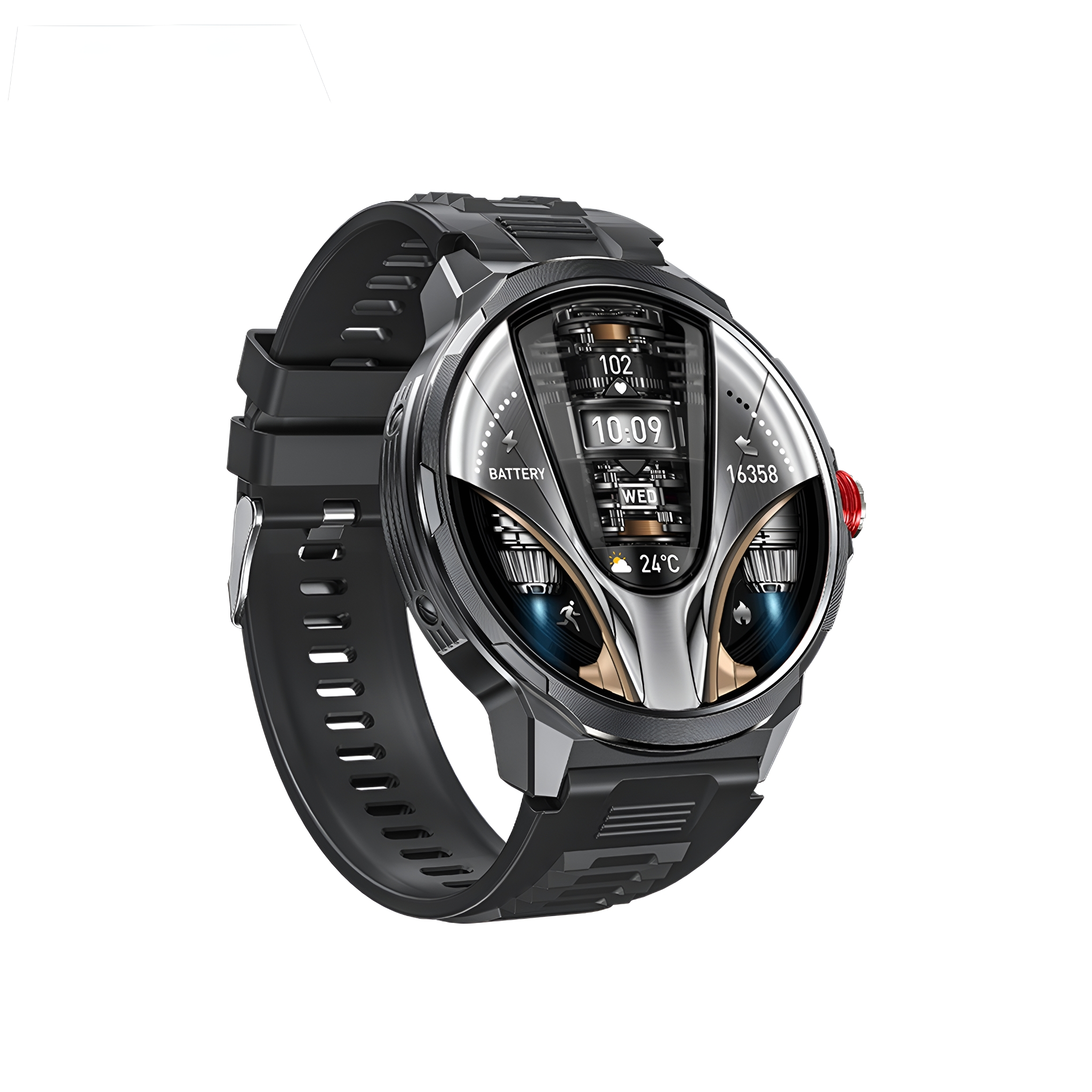 Schwarze Smartwatch mit rundem Display, zeigt Gesundheitsdaten. Schwarzes Armband.