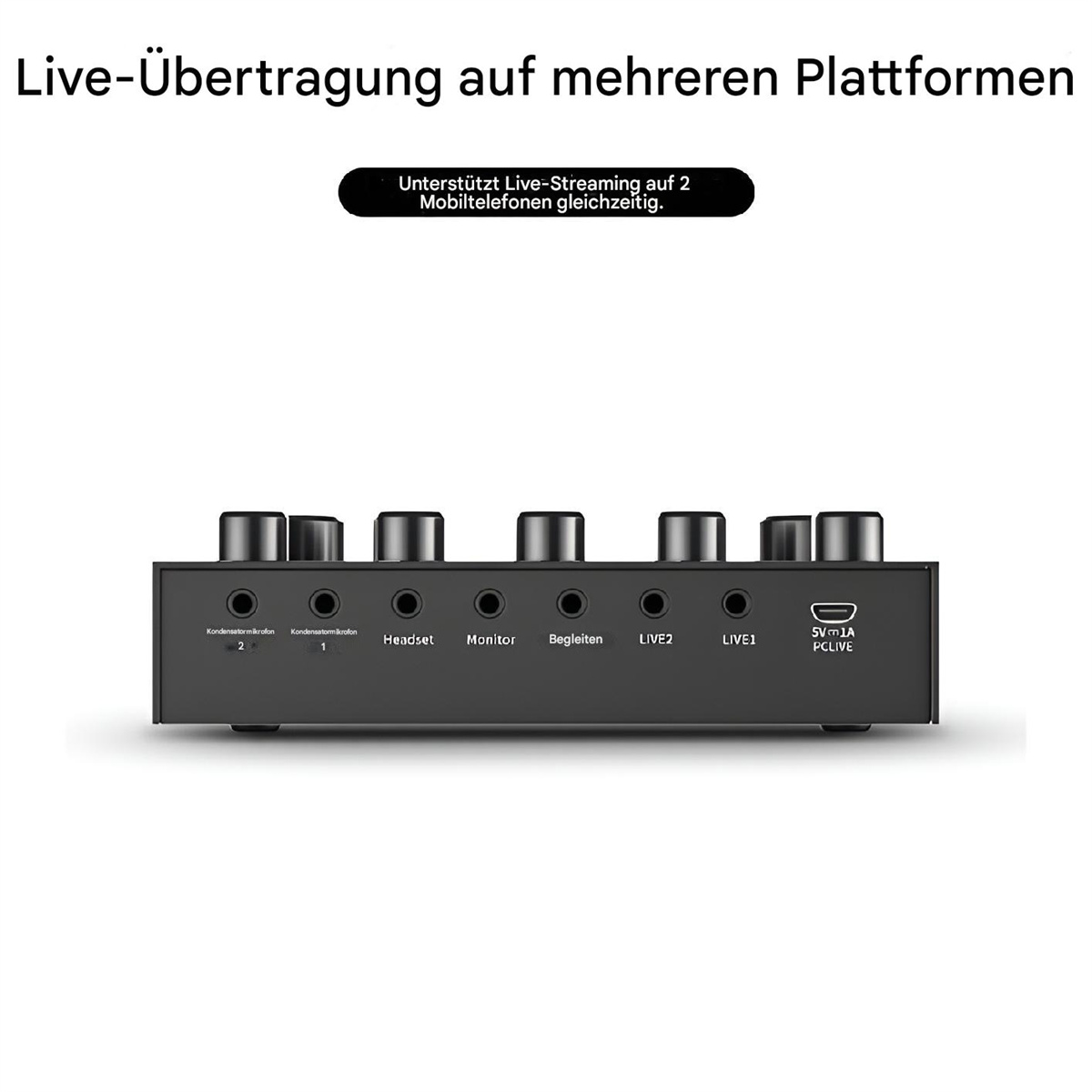 Schwarzes Audio-Interface mit mehreren Ein- und Ausgängen. Text auf Deutsch, der Live-Streaming-Setup anzeigt.