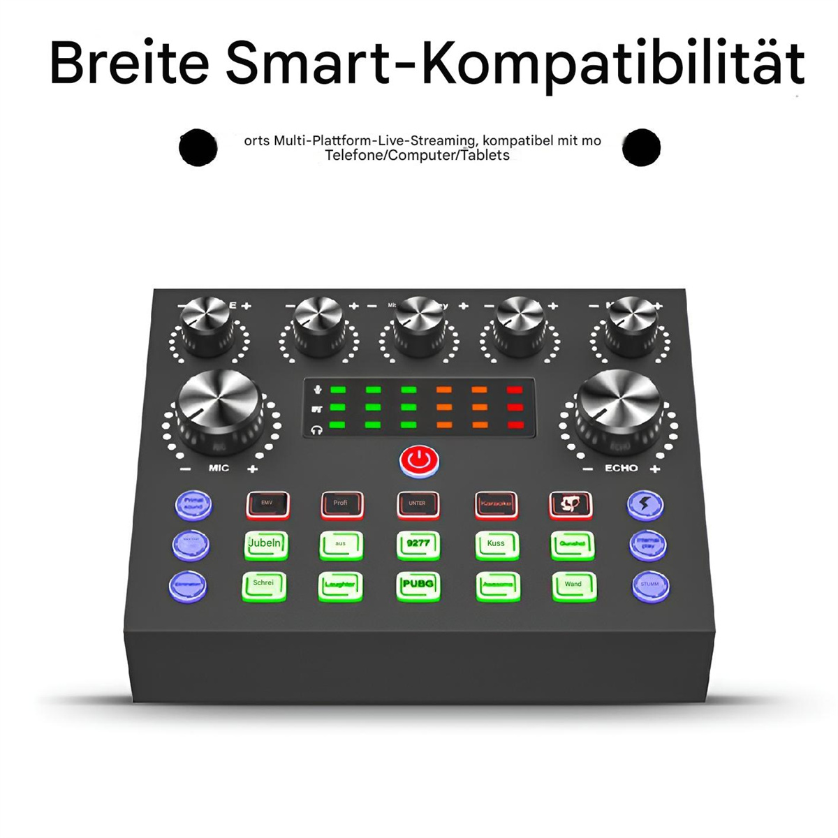 Schwarzer Audiomixer mit Knöpfen und Tasten, mit einer Ein-/Aus-Taste. Text oben: Breiter Smart-Kompatibilität.