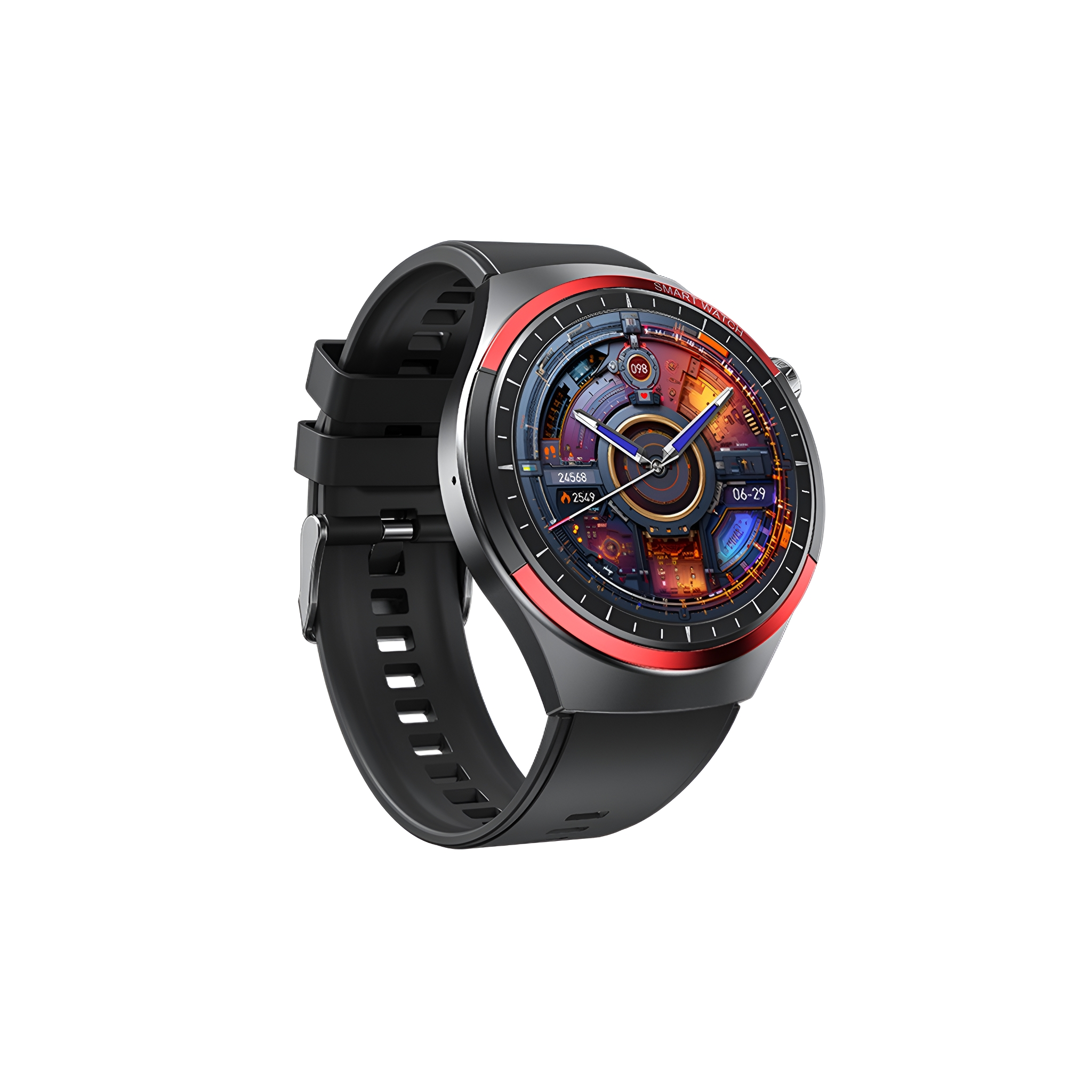 Schwarze und rote Smartwatch mit farbenfrohem Zifferblatt. Die Uhr ist abgewinkelt.